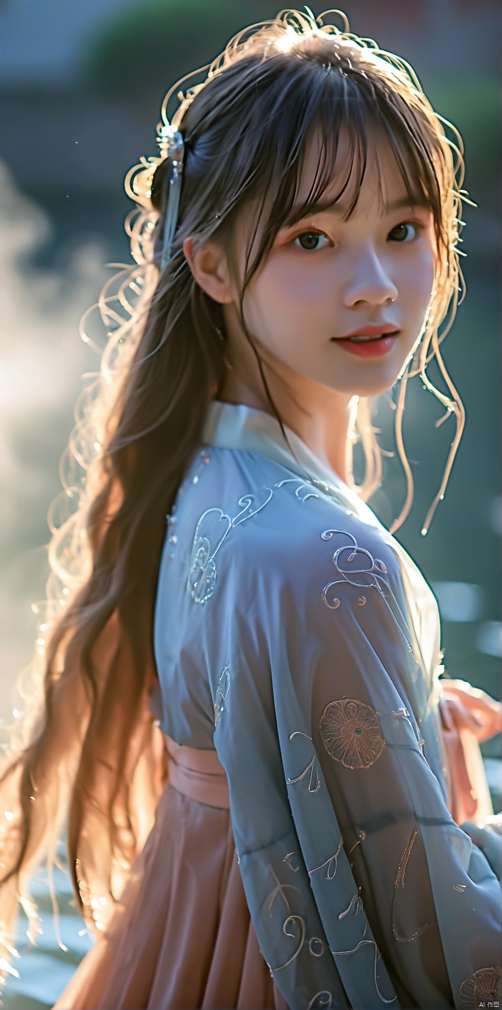 一个穿着汉服正在跳舞的16岁淡妆女生,雾气,丁达尔效应,长发飘飘,水灵灵的眼睛,可爱,清纯,看向镜头,使用50mm镜头和f1.8光圈拍摄