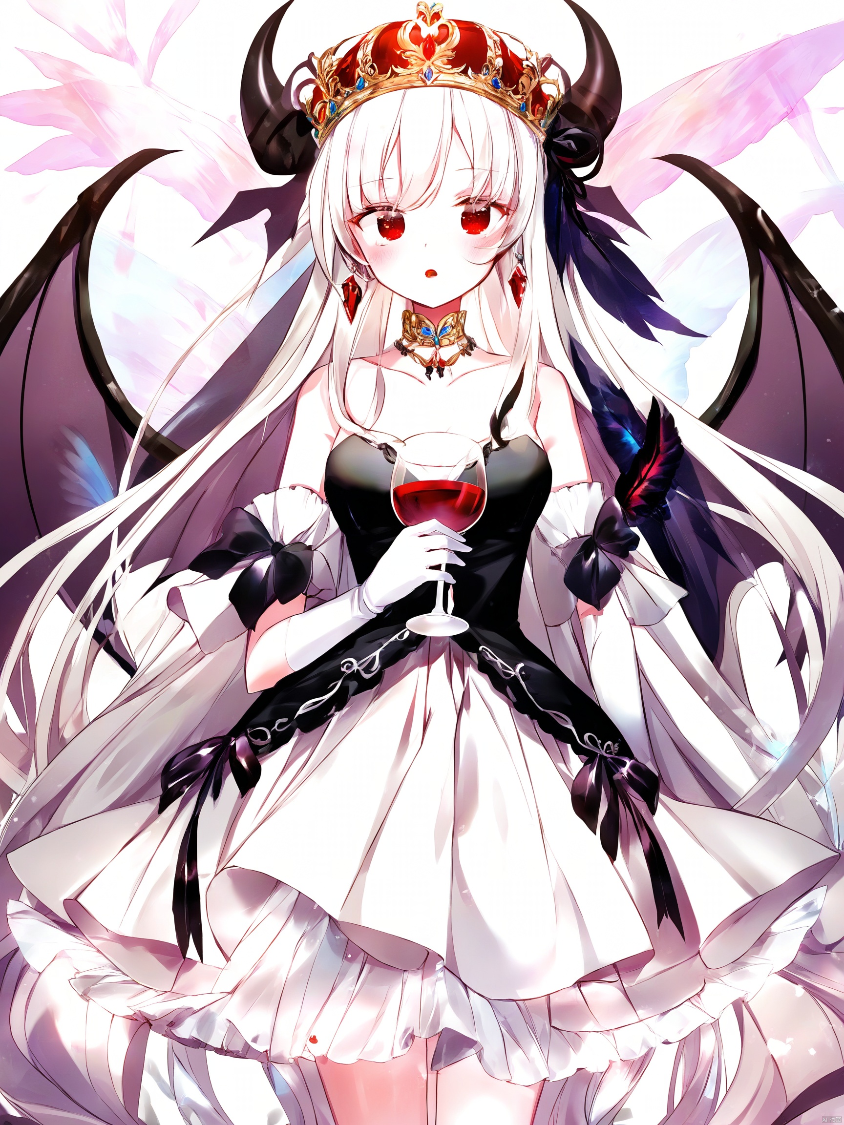 masterpiece,best quality,high quality,(colorful),nai3 Style,loli,Artist amane utata,1girl,wings,solo,elbow gloves,blood,gloves,dress,long hair,red eyes,feathered wings,black wings,crown,white dress,white gloves,***,looking at viewer,feathers,earrings,jewelry,butterfly,breasts,sleeveless,very long hair,head tilt,sleeveless dress,cup,collarbone,holding,blood on clothes,skirt hold,drinking glass,wine glass,white background,frilled dress,bow,standing,parted lips,small breasts,holding cup,bare shoulders,frills,mini crown,
