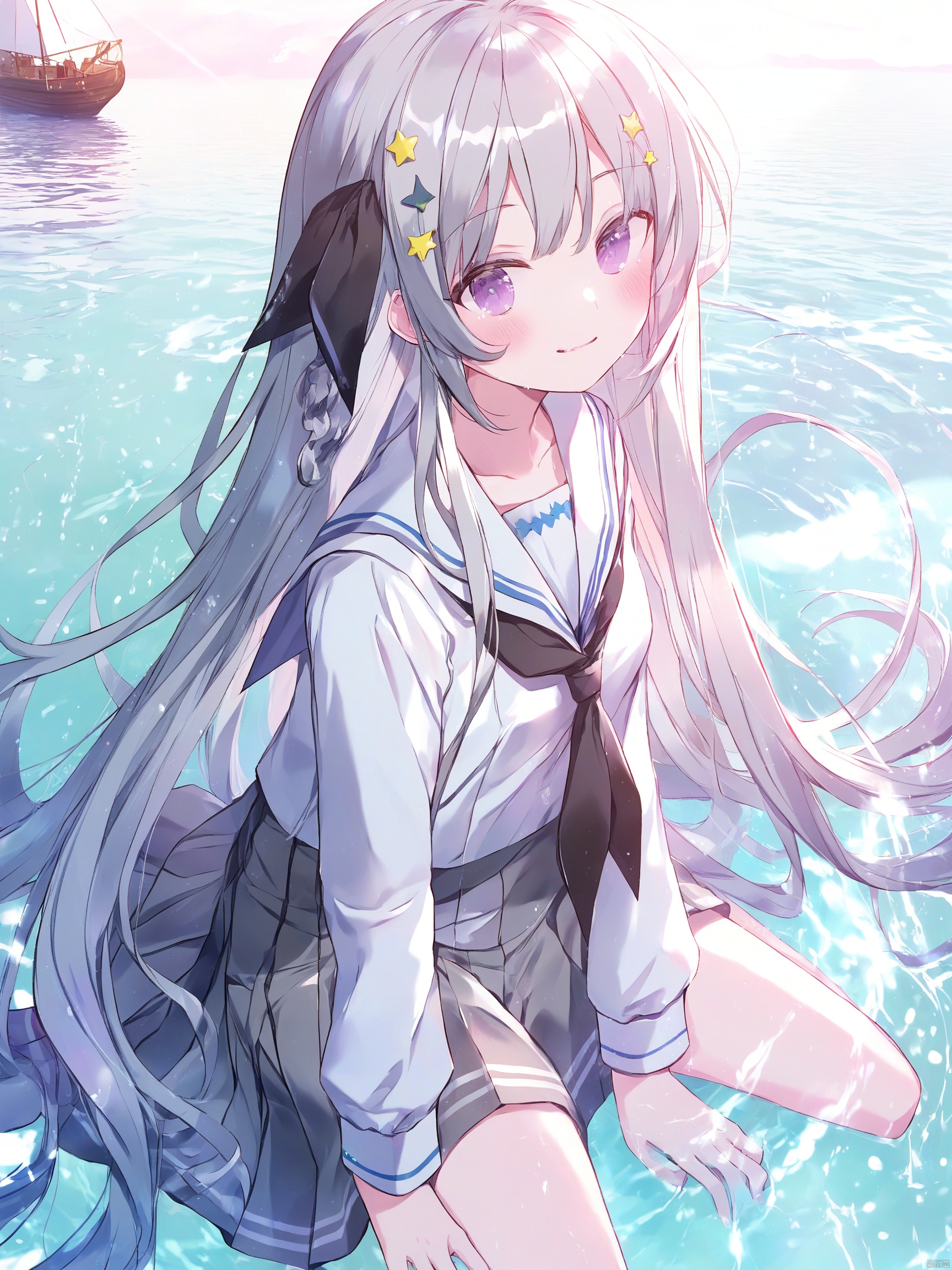 1girl, solo, long hair, looking at viewer, blush, smile, bangs, skirt, shirt, hair ornament, long sleeves, hair between eyes, sitting, very long hair, closed mouth, school uniform, purple eyes, collarbone, white shirt, grey hair, pleated skirt, serafuku, sailor collar, water, star \(symbol\), neckerchief, white skirt, white sailor collar, star hair ornament, black neckerchief