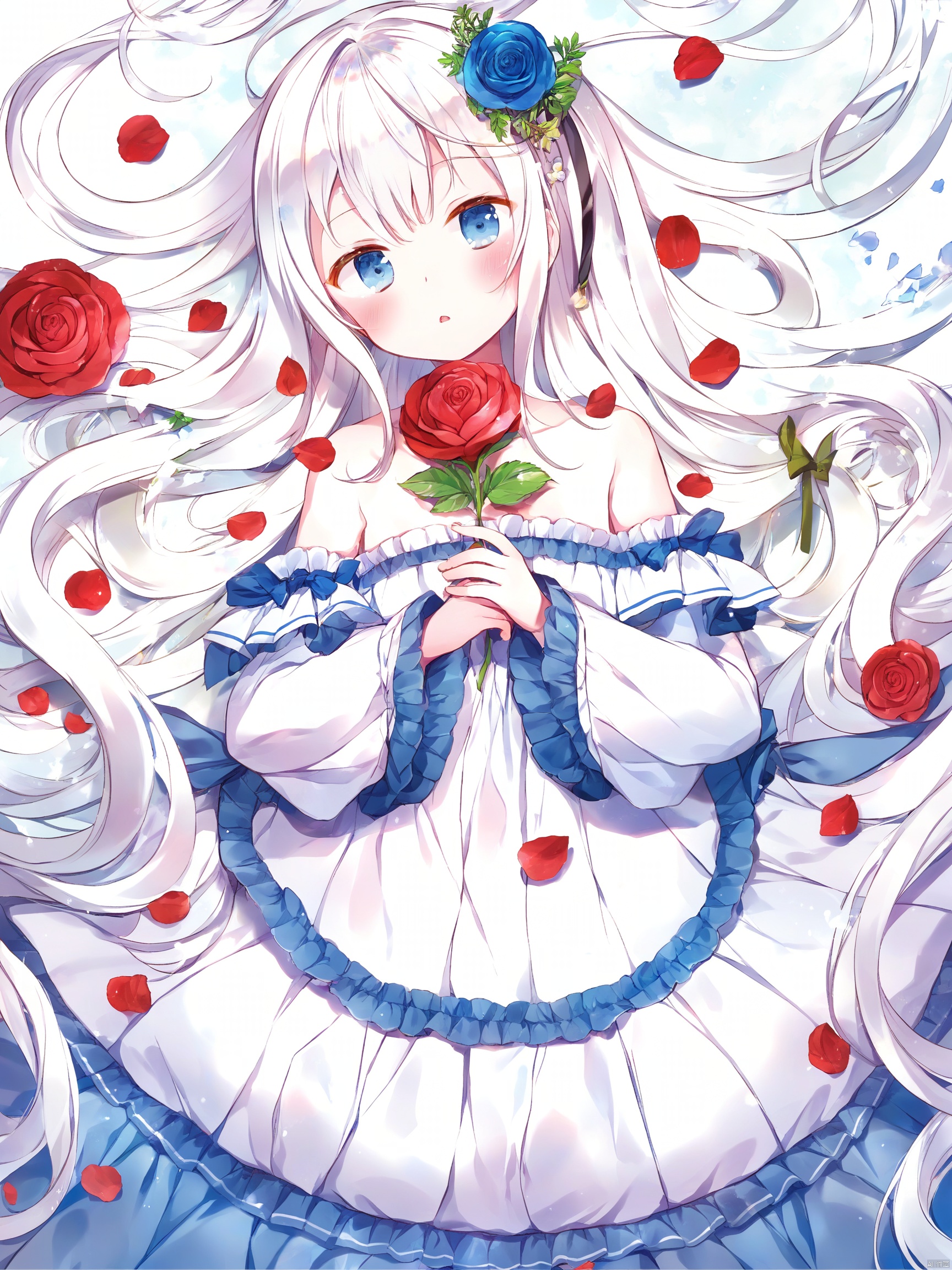 1girl, solo, long hair, looking at viewer, blush, bangs, blue eyes, hair ornament, long sleeves, dress, bow, holding, bare shoulders, very long hair, flower, white hair, lying, frills, parted lips, hair flower, on back, off shoulder, white dress, petals, rose, frilled dress, plant, red flower, blue flower, red rose, purple flower, off-shoulder dress, holding flower