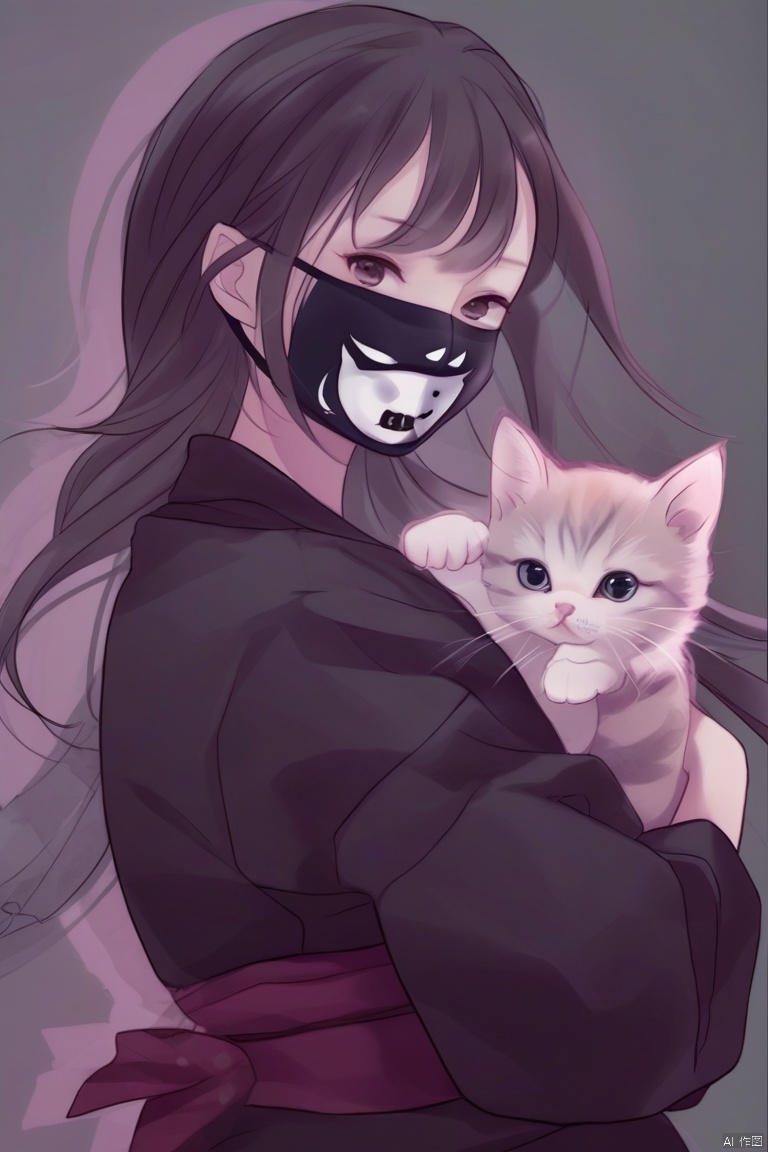 美少女,戴着鬼面具,抱着一只可爱的小猫