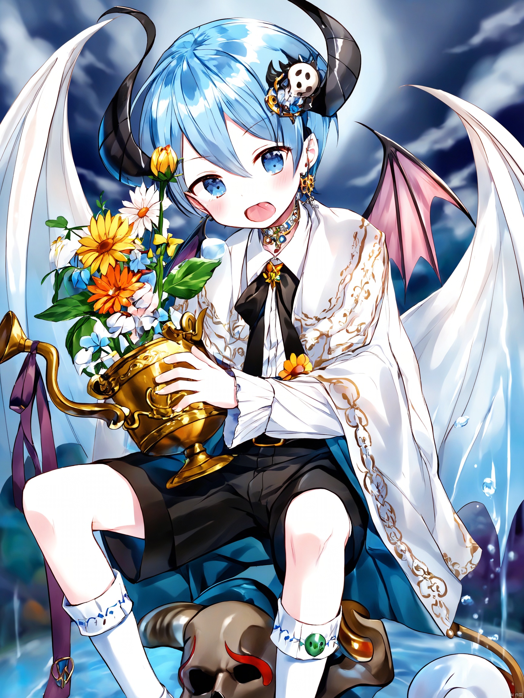 solo, looking at viewer, short hair, open mouth, blue eyes, shirt, hair ornament, long sleeves, 1boy, bow, holding, jewelry, sitting, full body, white shirt, flower, male focus, wings, horns, shoes, shorts, tongue, socks, tongue out, kneehighs, black shorts, white socks, loafers, androgynous, demon wings, skull, demon, watering can