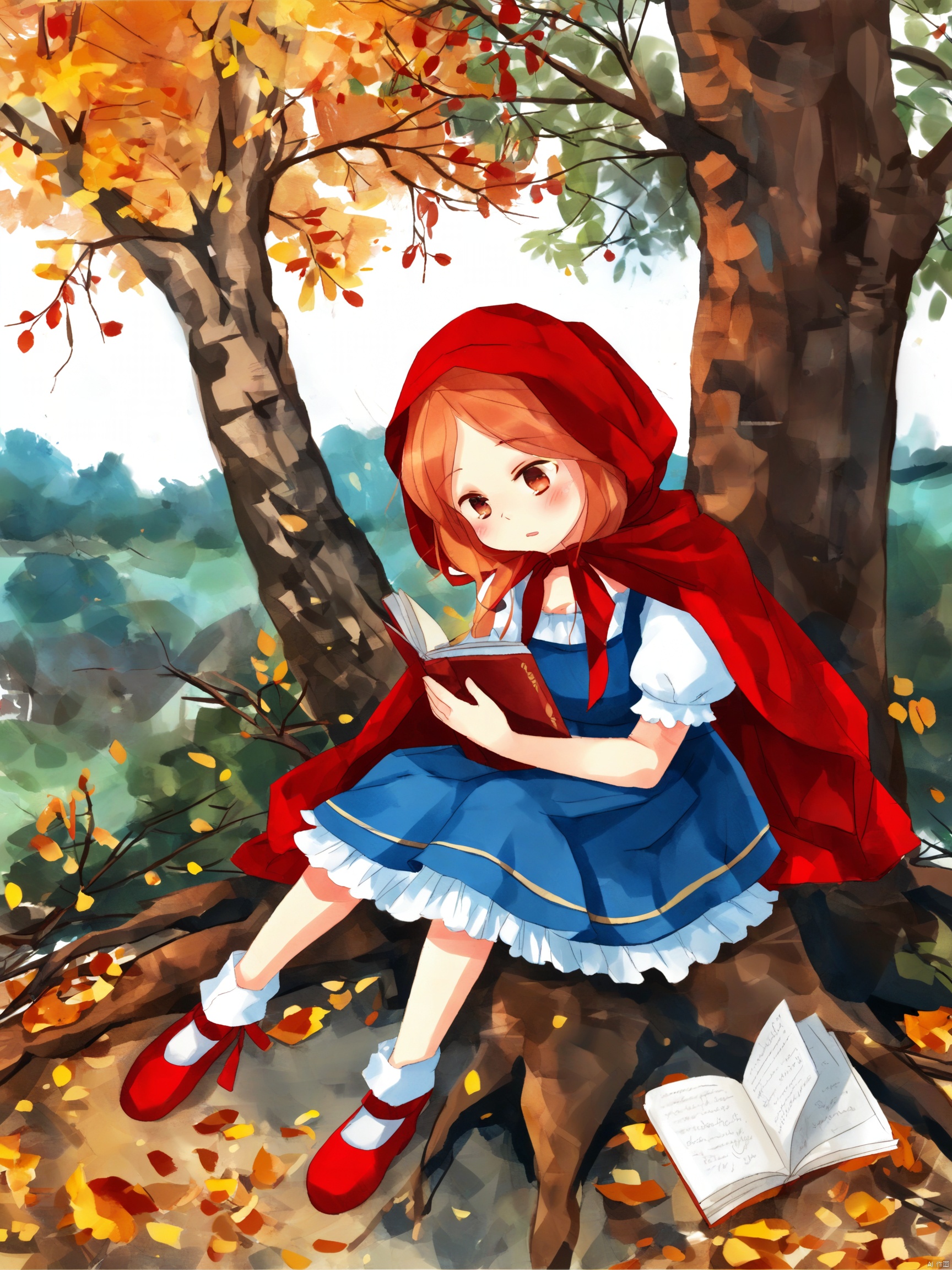 美少女,小红帽,坐在一棵树上看书