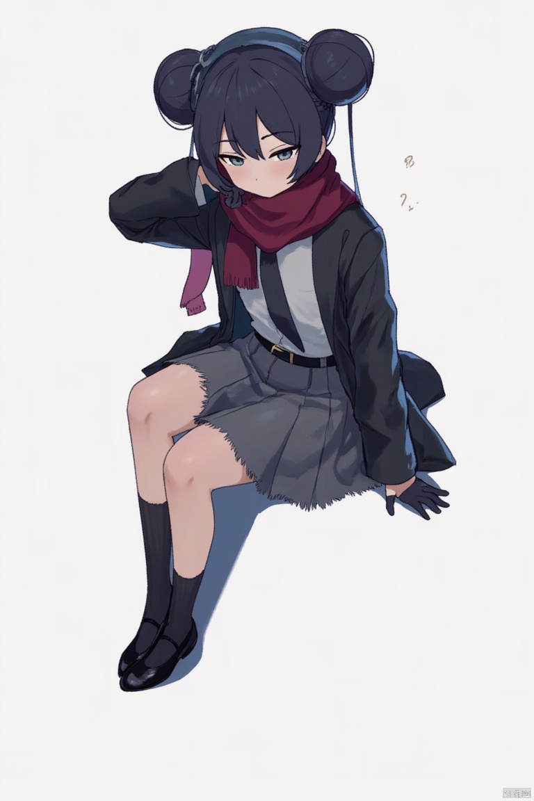 1girl, 

kisaki,kisaki (blue archive), blue archive, 

black hair, closed mouth, jacket, collared shirt, school uniform, shaded face, hair bun, red scarf, hair between eyes, expressionless, grey skirt, sidelocks, black eyes, open jacket, skirt, looking to the side, open clothes, pleated skirt, long hair, simple background, black scarf, sitting, arm support, hand on own cheek, headphones, fringe trim, full body, hand up, black jacket, hand on own face, solo, necktie, scarf, double bun, black gloves, grey background, wariza, long scarf, loose socks, socks, black necktie, black socks, scarf on head, :/, shirt, gloves, fingerless gloves, white shirt, black footwear, very long hair, v-shaped eyebrows,

masterpiece, newest, absurdres, safe