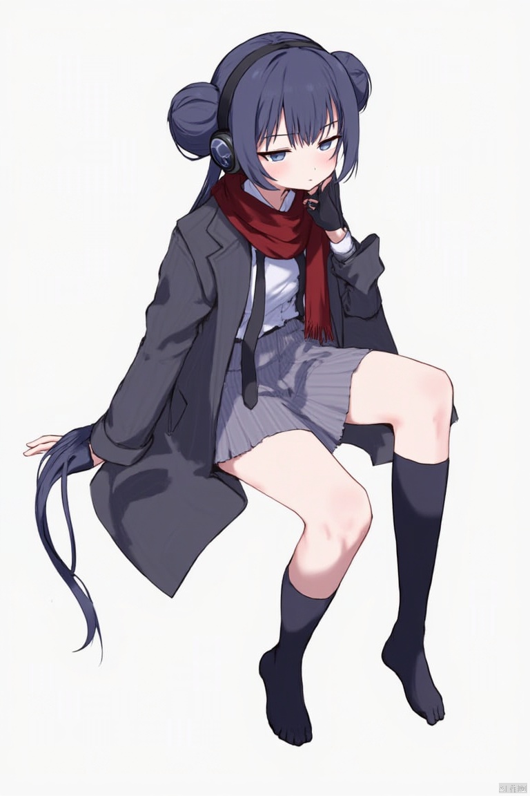1girl, 

kisaki,kisaki (blue archive), blue archive, 

black hair, closed mouth, jacket, collared shirt, school uniform, shaded face, hair bun, red scarf, hair between eyes, expressionless, grey skirt, sidelocks, black eyes, open jacket, skirt, looking to the side, open clothes, pleated skirt, long hair, simple background, black scarf, sitting, arm support, hand on own cheek, headphones, fringe trim, full body, hand up, black jacket, hand on own face, solo, necktie, scarf, double bun, black gloves, grey background, wariza, long scarf, loose socks, socks, black necktie, black socks, scarf on head, :/, shirt, gloves, fingerless gloves, white shirt, black footwear, very long hair, v-shaped eyebrows,

masterpiece, newest, absurdres, safe