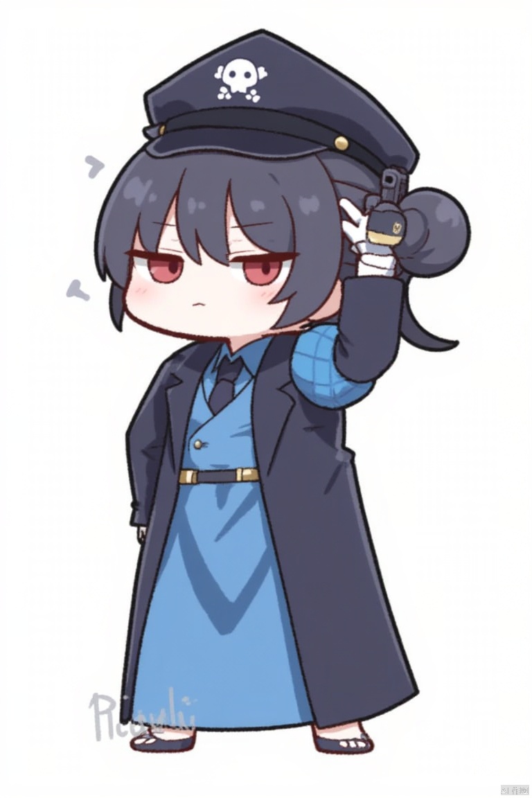1girl, 

kisaki,kisaki (blue archive), blue archive, 

black hair, closed mouth, black headwear, jacket, character name, standing, uniform, jolly roger, high collar, peanuts m592arka, holding gun, long sleeves, weapon, white background, holding weapon, looking at viewer, simple background, gun, skull and crossbones, handgun, armband, long dress, full body, short twintails, v-shaped eyebrows, collared jacket, salute, holding, necktie, copyright name, solo, head tilt, chibi, dress, open collar, twintails, blue armband, blue jacket, black wristband, red eyes, black necktie, peaked cap, smile, parted hair, gloves, hat, hair ornament, white gloves, blue dress, short hair, hair bobbles,

masterpiece, newest, absurdres, safe