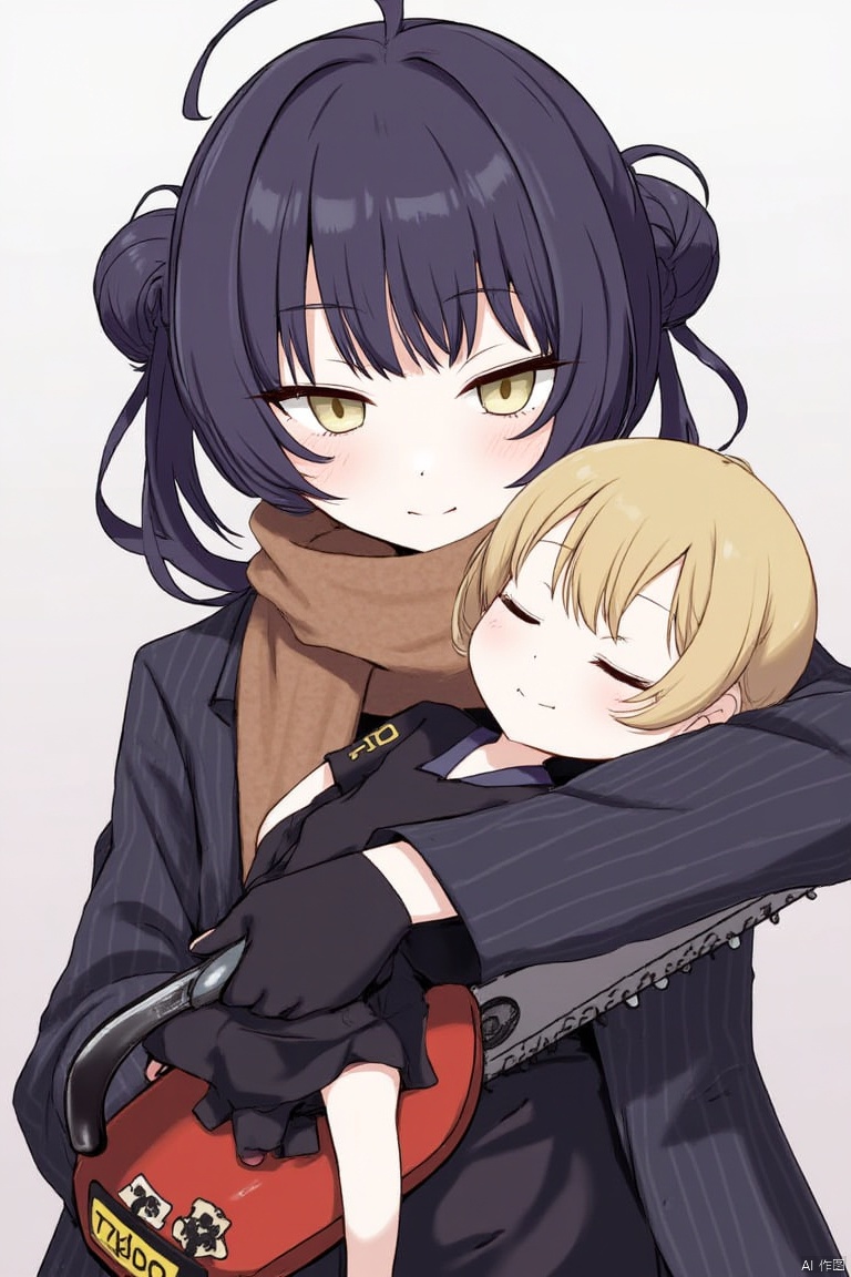 1girl, 

kisaki,kisaki (blue archive), blue archive, 

black hair, upper body, closed mouth, hair bun, brown scarf, hugging object, multicolored hair, long sleeves, yellow eyes, blonde hair, looking at viewer, holding chainsaw, hugging doll, coat, holding, closed eyes, solo, scarf, black dress, blunt bangs, black coat, character doll, double bun, chainsaw, black gloves, dress, smile, gloves,

masterpiece, newest, absurdres, safe