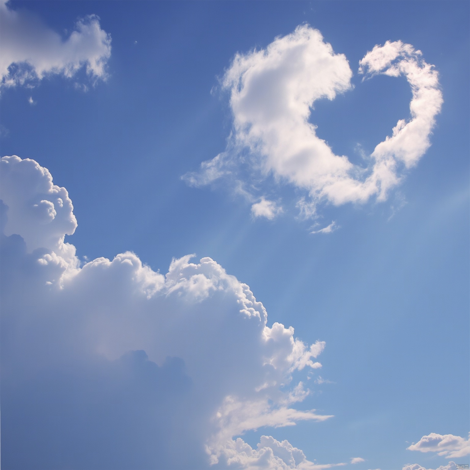 love sky
the sky is filled with fluffy white clouds. The sky is a deep blue
with a few wispy clouds in the middle of the frame. The clouds are varying shades of white
while the clouds are a lighter shade of blue. The sun is shining through the clouds
creating a soft glow on the clouds.