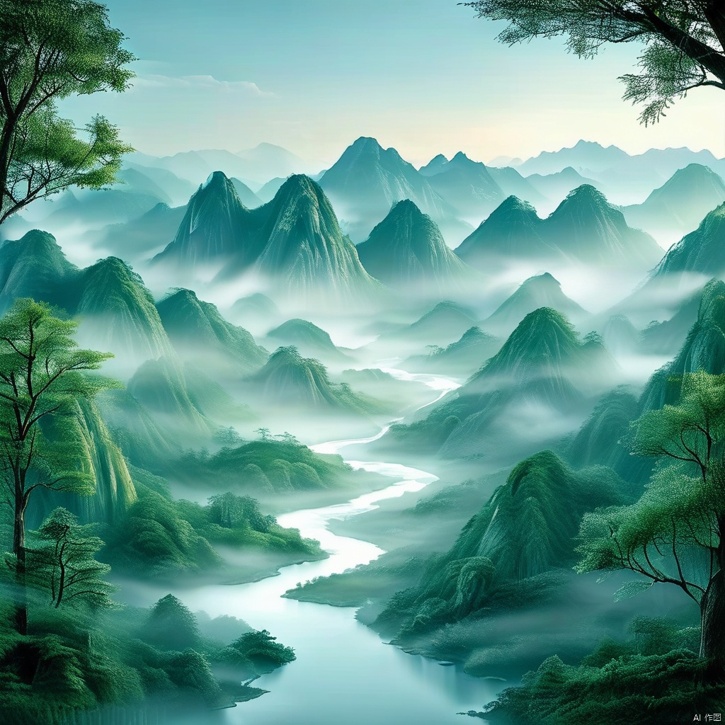 A serene landscape painting of a misty morning, with soft sunlight casting gentle shadows across rolling hills of emerald green, set against a backdrop of majestic mountains. A winding stream meanders lazily through the valley, its crystal clear waters reflecting the tranquil atmosphere. Trees stand tall, their leaves rustling softly in the morning breeze., AHii