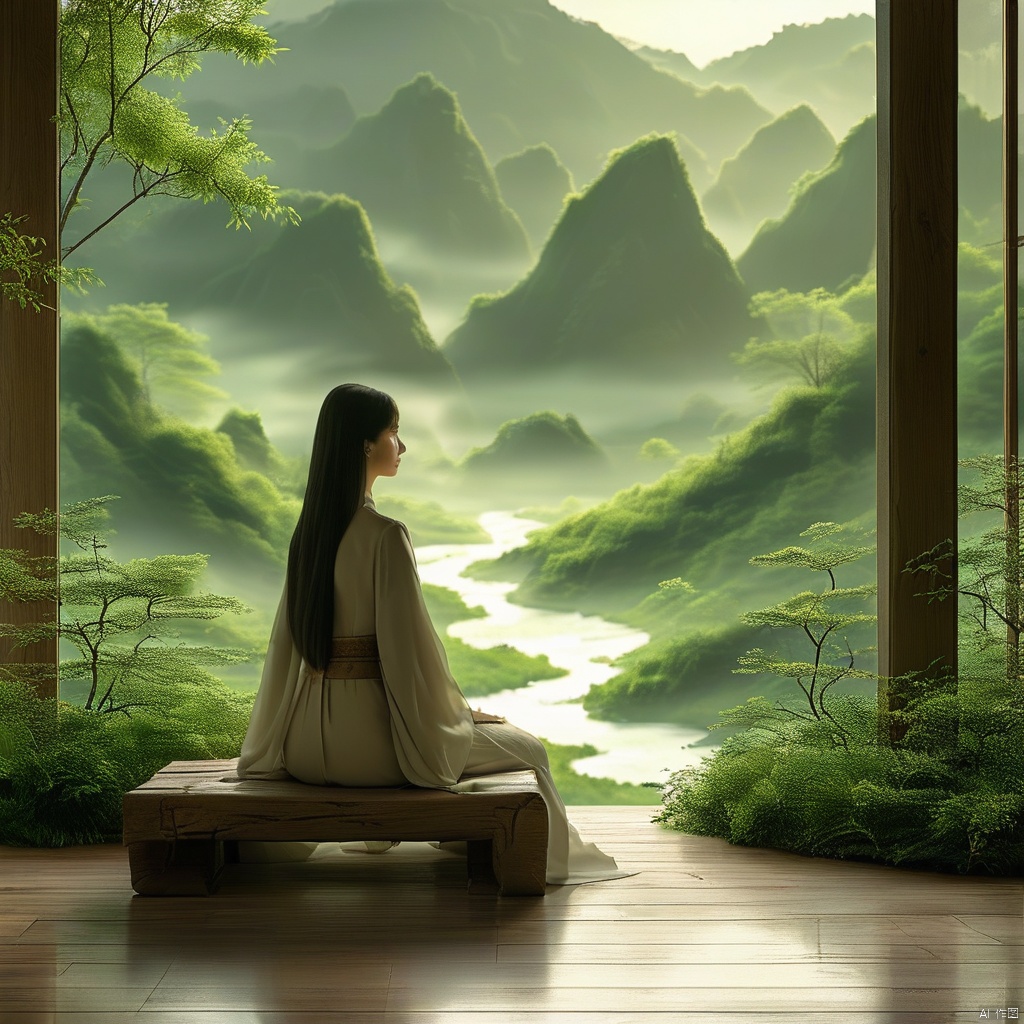 A serene girl, AHii, sits cross-legged on a worn wooden bench, surrounded by lush greenery. Soft afternoon sunlight casts a warm glow, illuminating her gentle features and the intricate details of her traditional clothing. The rustic background blends harmoniously with her calm demeanor, inviting the viewer to step into this peaceful scene.