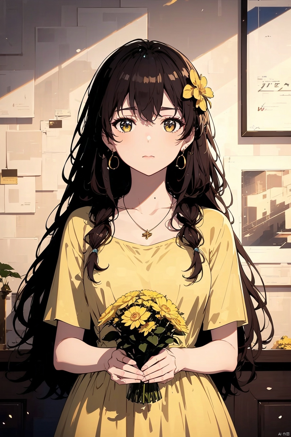 8K image., shinkai color,, ((poakl)),1girl, solo, long hair, looking at viewer, brown hair, black hair, hair ornament, dress, holding, brown eyes, jewelry, upper body, braid, flower, earrings, indoors, necklace, holding flower, yellow dress
