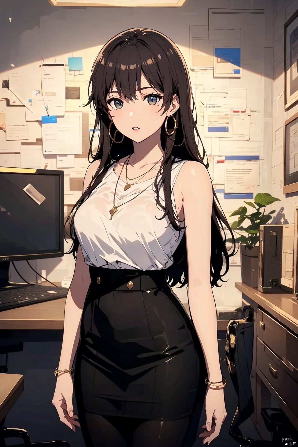  8K image., shinkai color,, ((poakl)),1girl, long hair, breasts, looking at viewer, skirt, brown hair, shirt, black hair, bare shoulders, brown eyes, jewelry, standing, white shirt, pantyhose, cowboy shot, earrings, parted lips, sleeveless, solo focus, indoors, black skirt, necklace, bracelet, lips, chair, plant, desk, pencil skirt, high-waist skirt, hoop earrings, office lady, computer, monitor, laptop, keyboard \(computer\), office