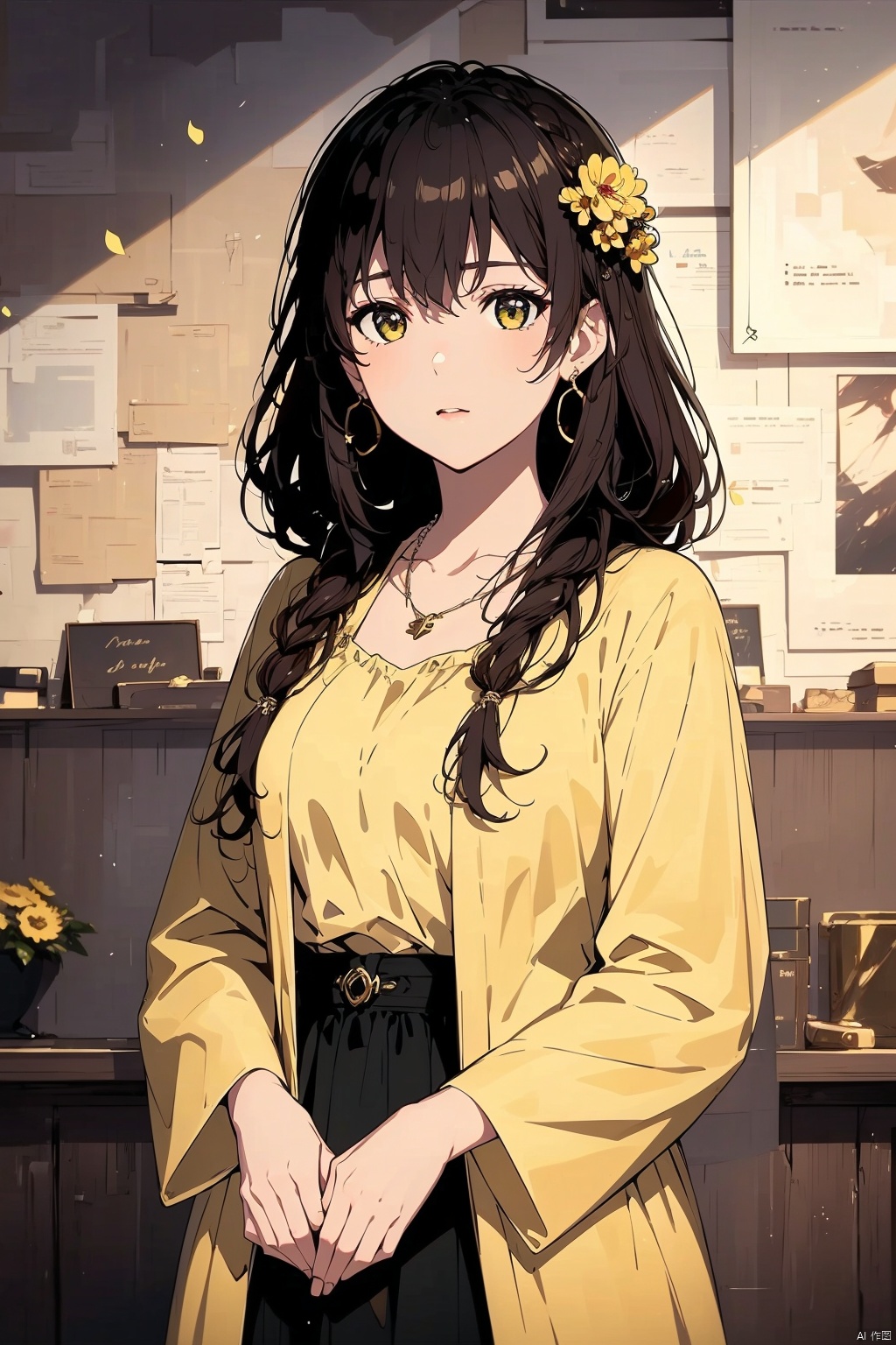  8K image., shinkai color,, ((poakl)),1girl, solo, long hair, looking at viewer, brown hair, black hair, hair ornament, dress, holding, brown eyes, jewelry, upper body, braid, flower, earrings, indoors, necklace, holding flower, yellow dress