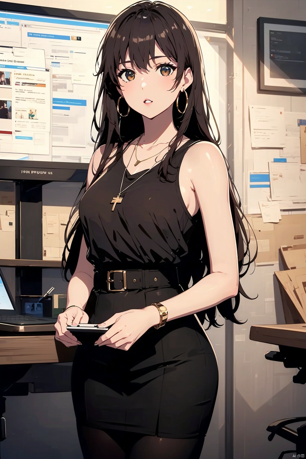  8K image., shinkai color,, ((poakl)),1girl, long hair, breasts, looking at viewer, skirt, brown hair, shirt, black hair, bare shoulders, brown eyes, jewelry, standing, white shirt, pantyhose, cowboy shot, earrings, parted lips, sleeveless, solo focus, indoors, black skirt, necklace, bracelet, lips, chair, plant, desk, pencil skirt, high-waist skirt, hoop earrings, office lady, computer, monitor, laptop, keyboard \(computer\), office