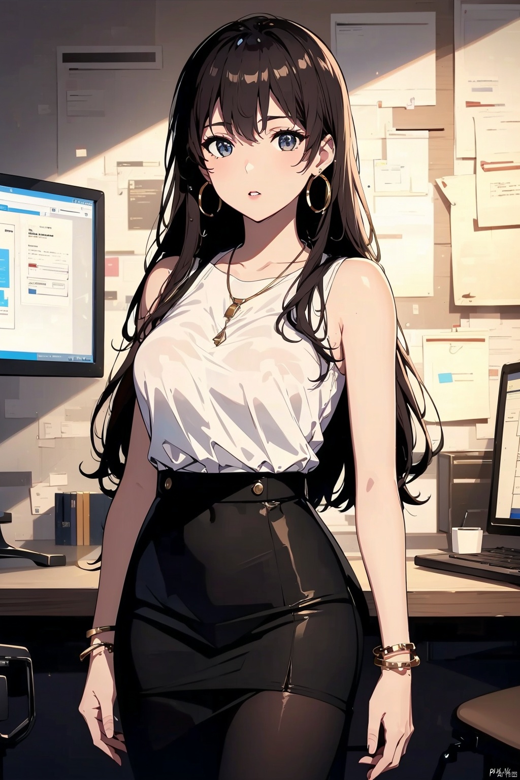  8K image., shinkai color,, ((poakl)),1girl, long hair, breasts, looking at viewer, skirt, brown hair, shirt, black hair, bare shoulders, brown eyes, jewelry, standing, white shirt, pantyhose, cowboy shot, earrings, parted lips, sleeveless, solo focus, indoors, black skirt, necklace, bracelet, lips, chair, plant, desk, pencil skirt, high-waist skirt, hoop earrings, office lady, computer, monitor, laptop, keyboard \(computer\), office