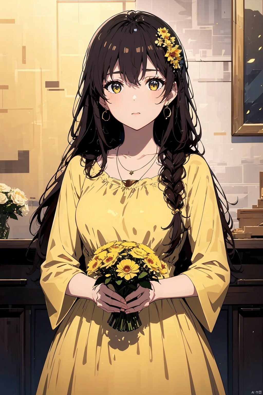  8K image., shinkai color,, ((poakl)),1girl, solo, long hair, looking at viewer, brown hair, black hair, hair ornament, dress, holding, brown eyes, jewelry, upper body, braid, flower, earrings, indoors, necklace, holding flower, yellow dress