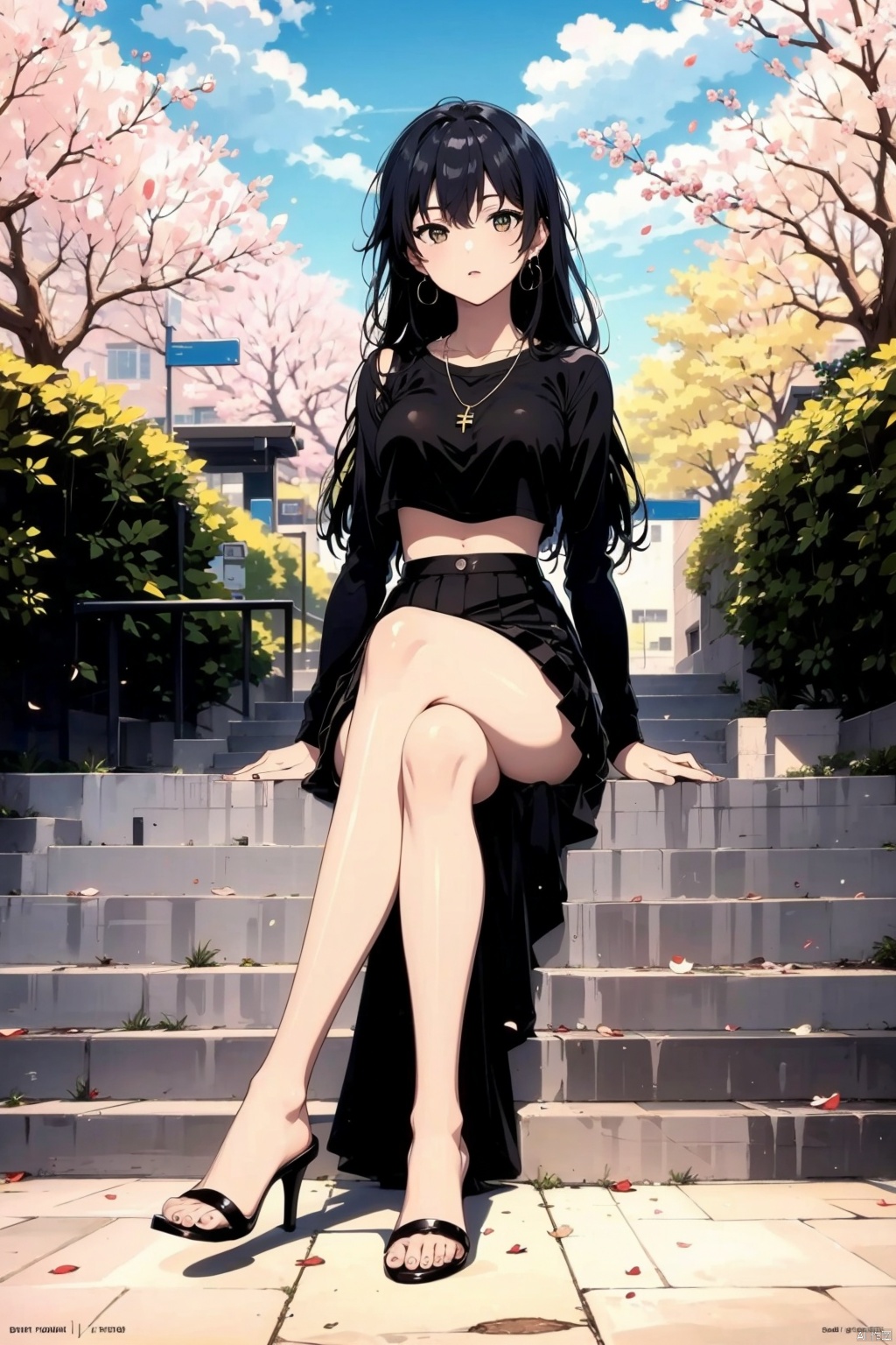 1girl,solo,high heels,jewelry,skirt,outdoors,black hair,long hair,looking at viewer,tree,black skirt,shirt,necklace,crop top,black footwear,breasts,black shirt,earrings,day,full body,long sleeves,midriff,nail polish,brown eyes,sitting,lips,toenail polish,high-waist skirt,toenails,long skirt,toes,building,side slit,artist name,legs,
