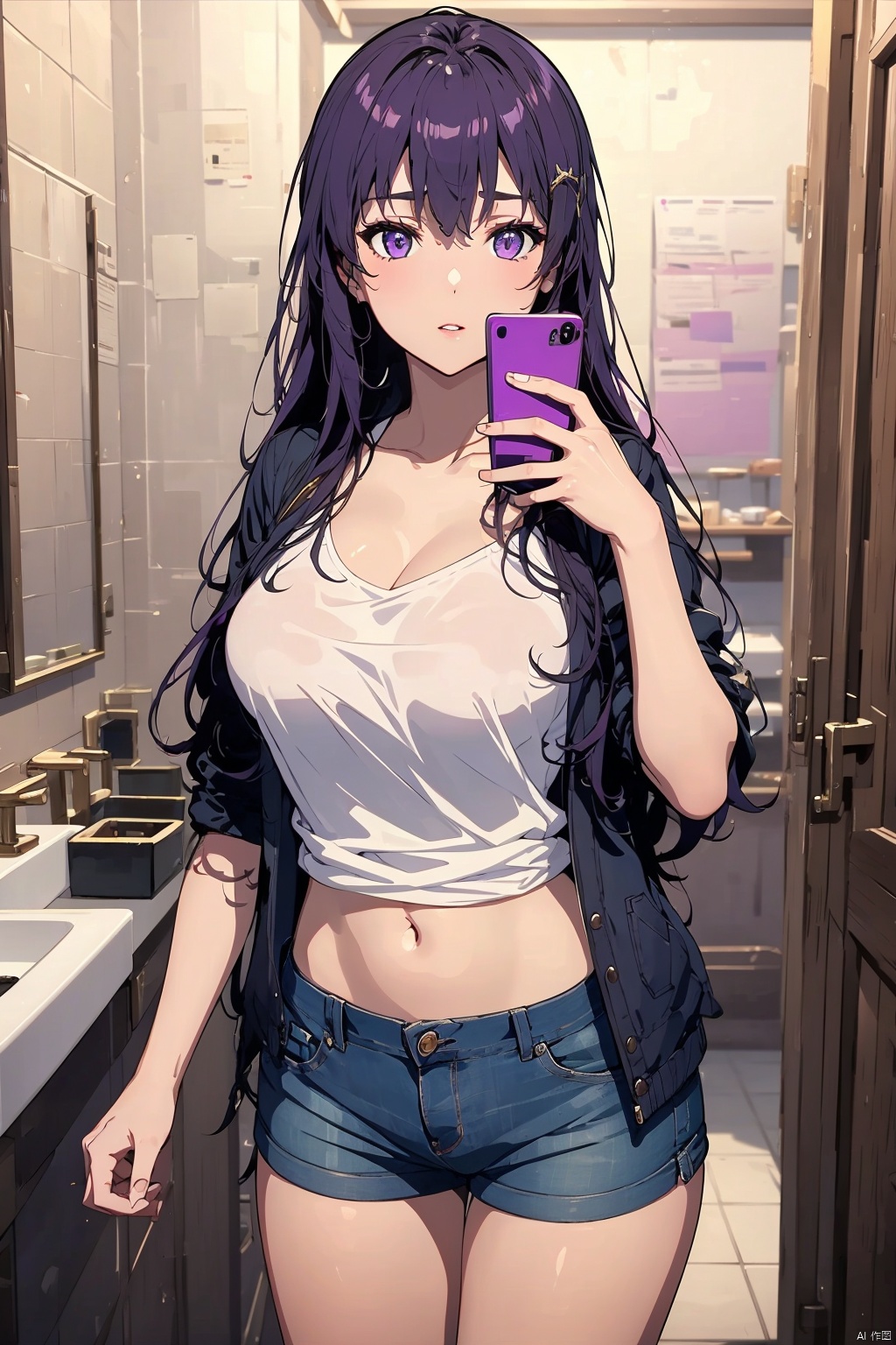 8K image., shinkai color,, ((poakl)),1girl, solo, long hair, breasts, large breasts, shirt, hair ornament, navel, holding, cleavage, jewelry, standing, purple eyes, jacket, white shirt, purple hair, open clothes, shorts, midriff, indoors, lips, short shorts, phone, cellphone, denim, smartphone, holding phone, denim shorts, mirror, door, unbuttoned, selfie, bathroom, sink, looking at phone