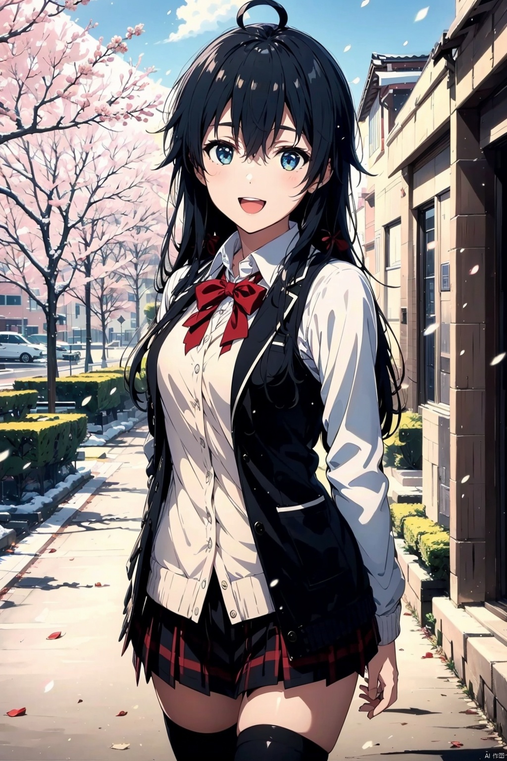 1girl,yukinoshita yukino,skirt,solo,long hair,black hair,school uniform,jacket,thighhighs,outdoors,sobu high school uniform,shirt,blue eyes,plaid skirt,ahoge,white shirt,smile,plaid,open mouth,black jacket,blazer,looking at viewer,black thighhighs,ribbon,cardigan,bow,pleated skirt,collared shirt,red bow,bangs,road,bowtie,long sleeves,:d,open clothes,red bowtie,hair between eyes,zettai ryouiki,tree,cowboy shot,street,red ribbon,blush,day,open jacket,雪之下雪乃