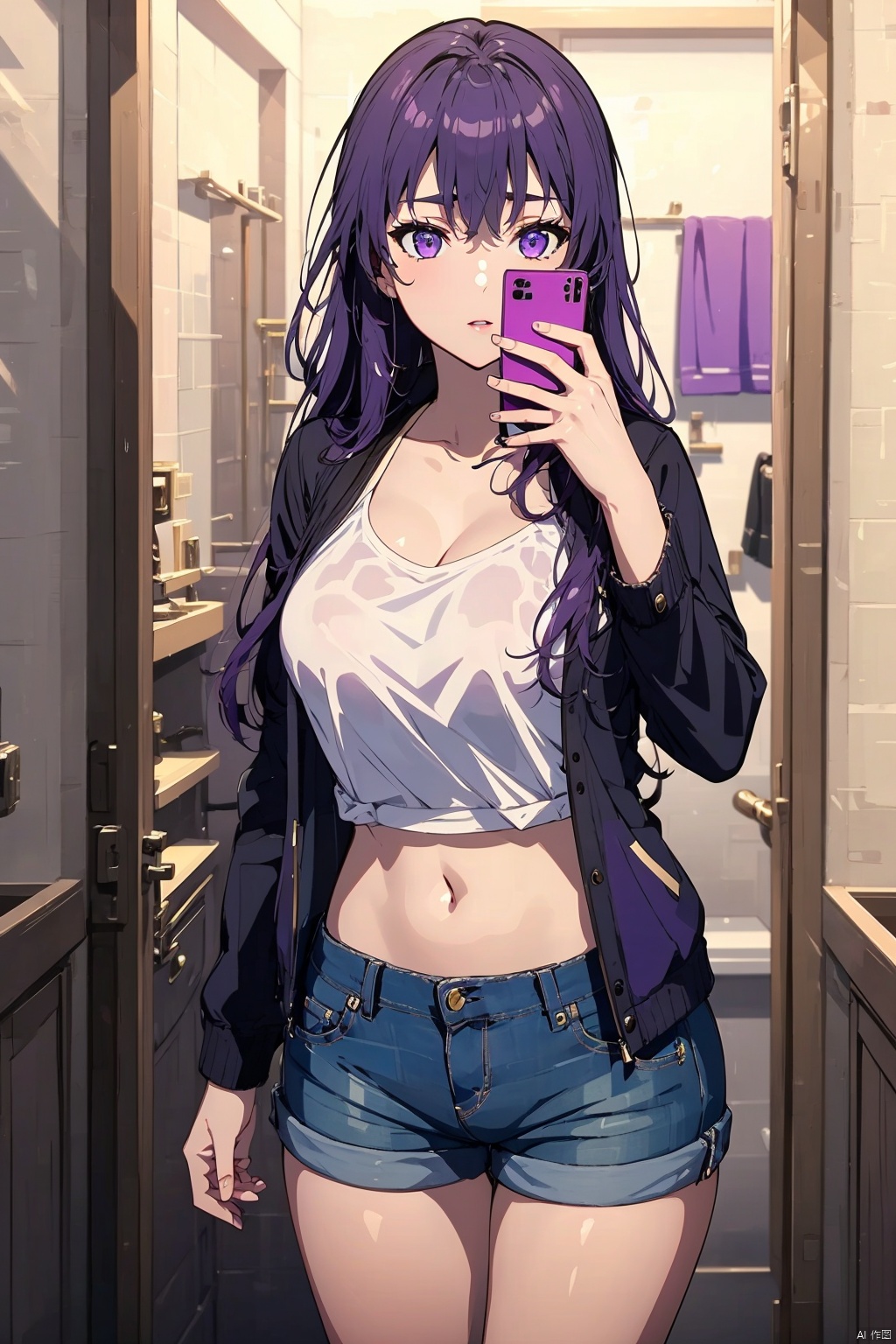  8K image., shinkai color,, ((poakl)),1girl, solo, long hair, breasts, large breasts, shirt, hair ornament, navel, holding, cleavage, jewelry, standing, purple eyes, jacket, white shirt, purple hair, open clothes, shorts, midriff, indoors, lips, short shorts, phone, cellphone, denim, smartphone, holding phone, denim shorts, mirror, door, unbuttoned, selfie, bathroom, sink, looking at phone