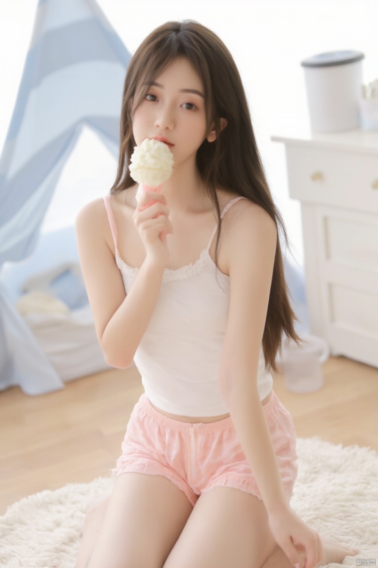 a young Asian woman is seated on a white shaggy rug, wearing a white  top and pink striped bottoms. She is holding an ice cream in her right hand, while her left hand rests on her hip. She has long dark brown hair, and her eyes are focused on the camera. Behind her, a blue teepee is set against a light brown wooden floor. To the right of the teepee, a white trash can, and a white dresser can be seen.
