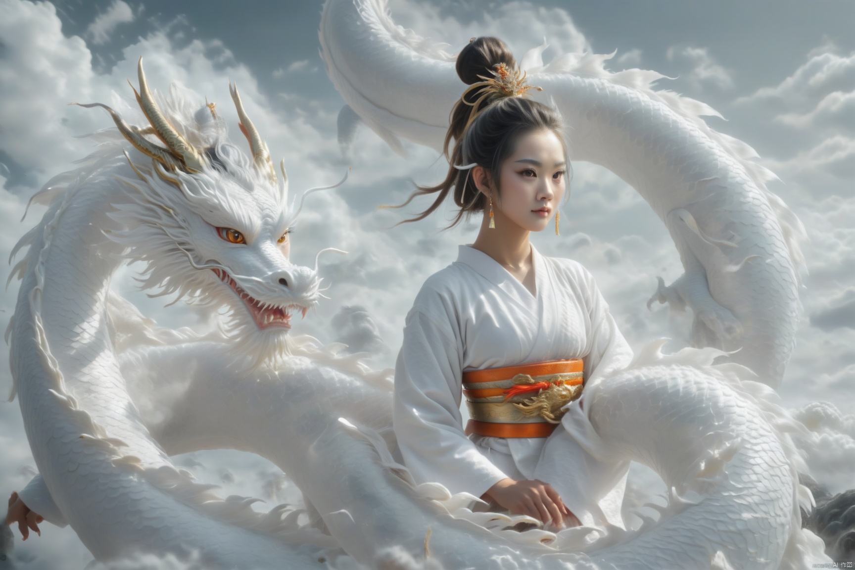 Captured from a high-angle perspective, a medium-sized Asian woman, dressed in a white kimono adorned with a gold belt, stands atop a large white dragon. The dragon, adorned with white feathers, has a long flowing tail, cascading over her shoulders. The woman's head is adorned with an orange eye, adding a pop of color to the otherwise monochromatic scene. Her hair is pulled back in a ponytail, adding depth to the composition. The backdrop, a gray sky, dotted with white clouds, adds a touch of mystery to the scene. To the left of the image, a Chinese symbol is visible.,loong