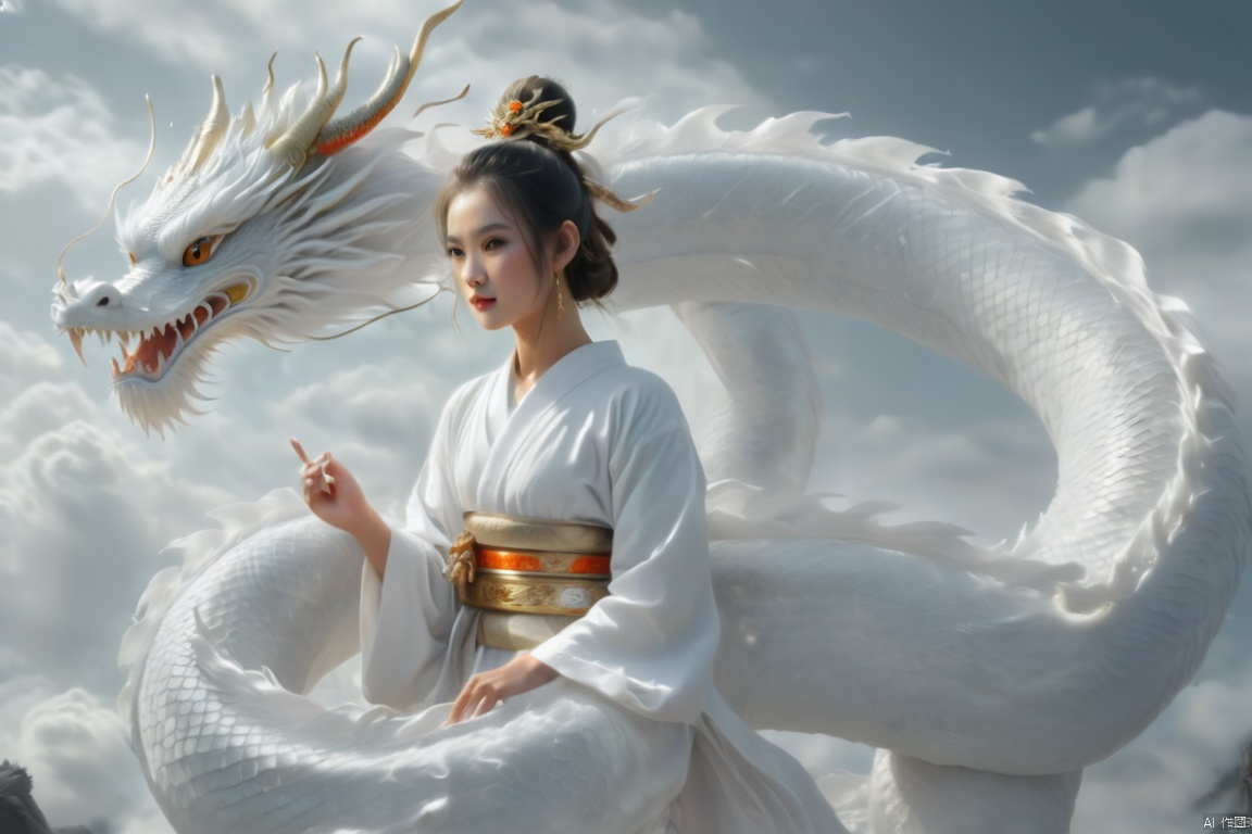 Captured from a high-angle perspective, a medium-sized Asian woman, dressed in a white kimono adorned with a gold belt, stands atop a large white dragon. The dragon, adorned with white feathers, has a long flowing tail, cascading over her shoulders. The woman's head is adorned with an orange eye, adding a pop of color to the otherwise monochromatic scene. Her hair is pulled back in a ponytail, adding depth to the composition. The backdrop, a gray sky, dotted with white clouds, adds a touch of mystery to the scene. To the left of the image, a Chinese symbol is visible.,loong