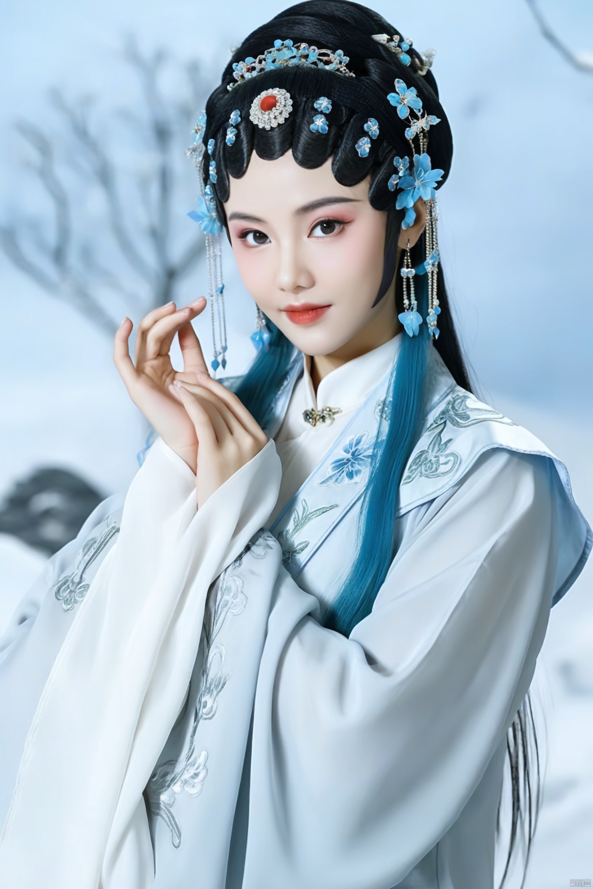  best quality,masterpiece,arien_hanfu,1girl,(falling_snow:1.2),looking_at_viewer,,(big breasts:1.59), ,Xyunxiao,(A garden full of flowers in the background:1.7), Opera style,Clean background,Hands on face,Cover one's face with one's hand,Solid background,Magazine cover photography,Beautiful Chinese girl,Light blue and green hair,In crystal lace,Hands by your mouth,She wears butterfly barrettes,Elegant movements,gorgeous details,Kawaii beautiful fashion style,Pastel colors,Over the shoulder,(big breasts:1.73)