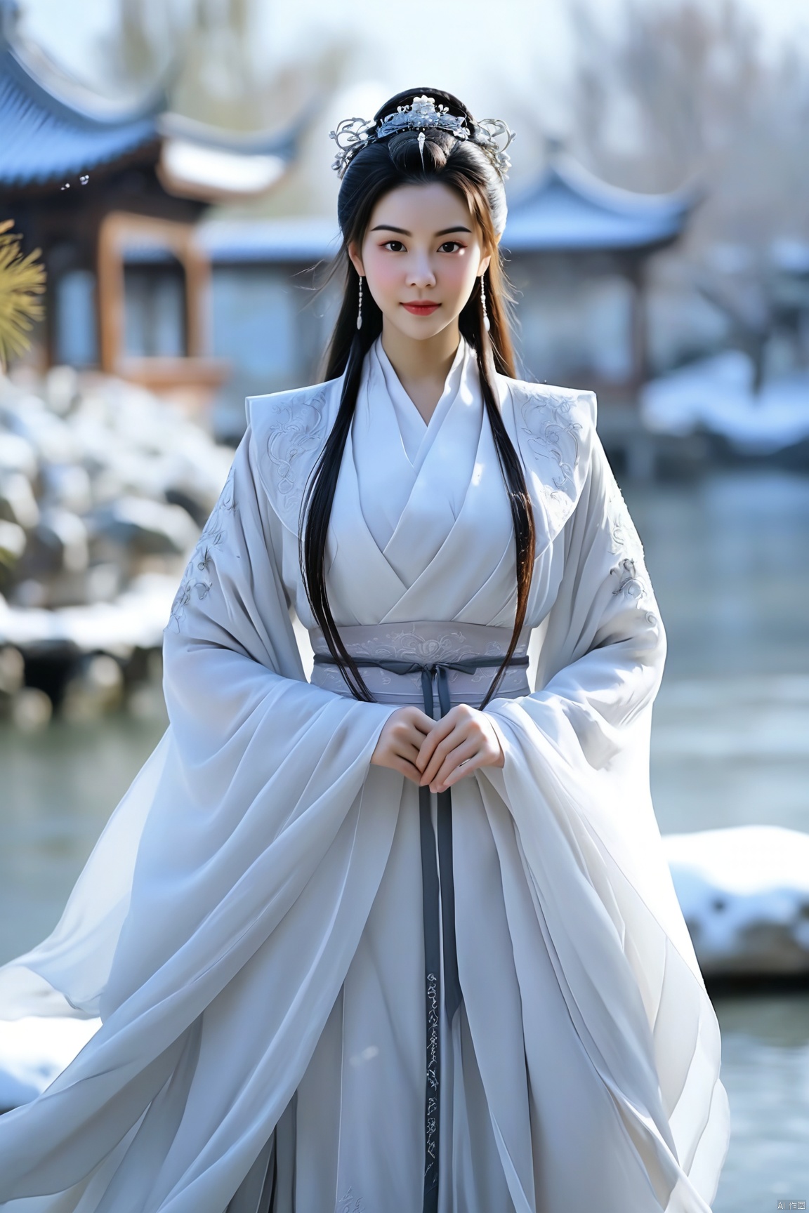  best quality,masterpiece,arien_hanfu,1girl,(falling_snow:1.2),looking_at_viewer,,(big breasts:1.59), ,Xyunxiao,(A garden full of flowers in the background:1.7), Opera style,