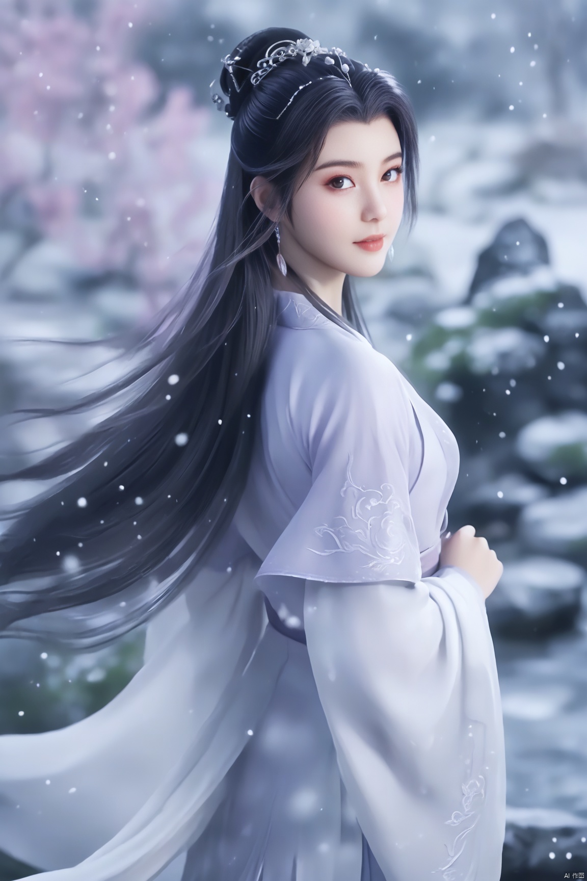  best quality,masterpiece,arien_hanfu,1girl,(falling_snow:1.2),looking_at_viewer,,(big breasts:1.59), ,Xyunxiao,(A garden full of flowers in the background:1.7), Opera style,