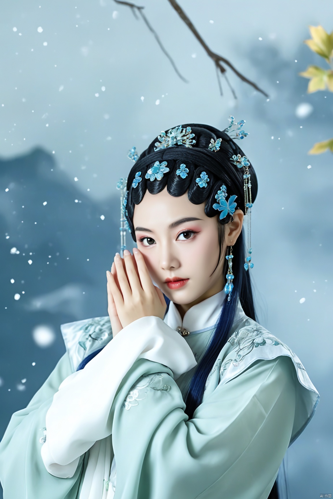  best quality,masterpiece,arien_hanfu,1girl,(falling_snow:1.2),looking_at_viewer,,(big breasts:1.59), ,Xyunxiao,(A garden full of flowers in the background:1.7), Opera style,Clean background,Hands on face,Cover one's face with one's hand,Solid background,Magazine cover photography,Beautiful Chinese girl,Light blue and green hair,In crystal lace,Hands by your mouth,She wears butterfly barrettes,Elegant movements,gorgeous details,Kawaii beautiful fashion style,Pastel colors,Over the shoulder,(big breasts:1.73)