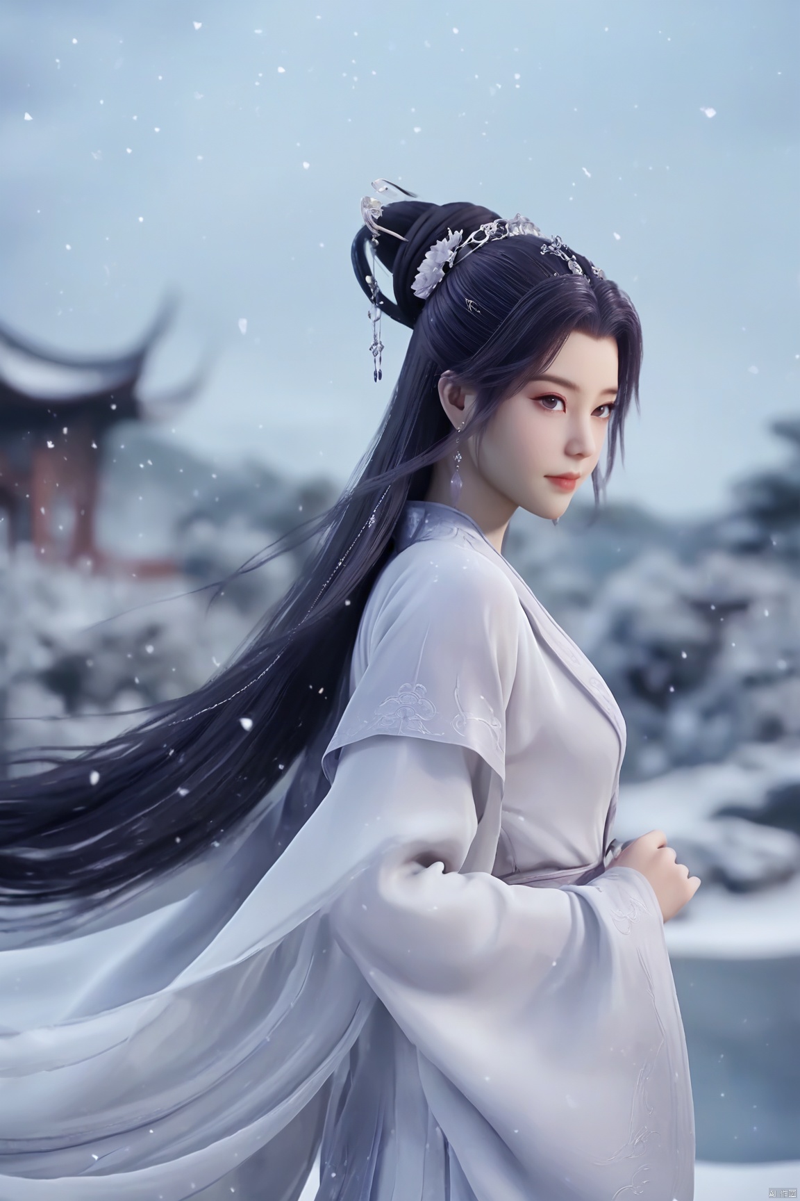  best quality,masterpiece,arien_hanfu,1girl,(falling_snow:1.2),looking_at_viewer,,(big breasts:1.59), ,Xyunxiao,(A garden full of flowers in the background:1.7)