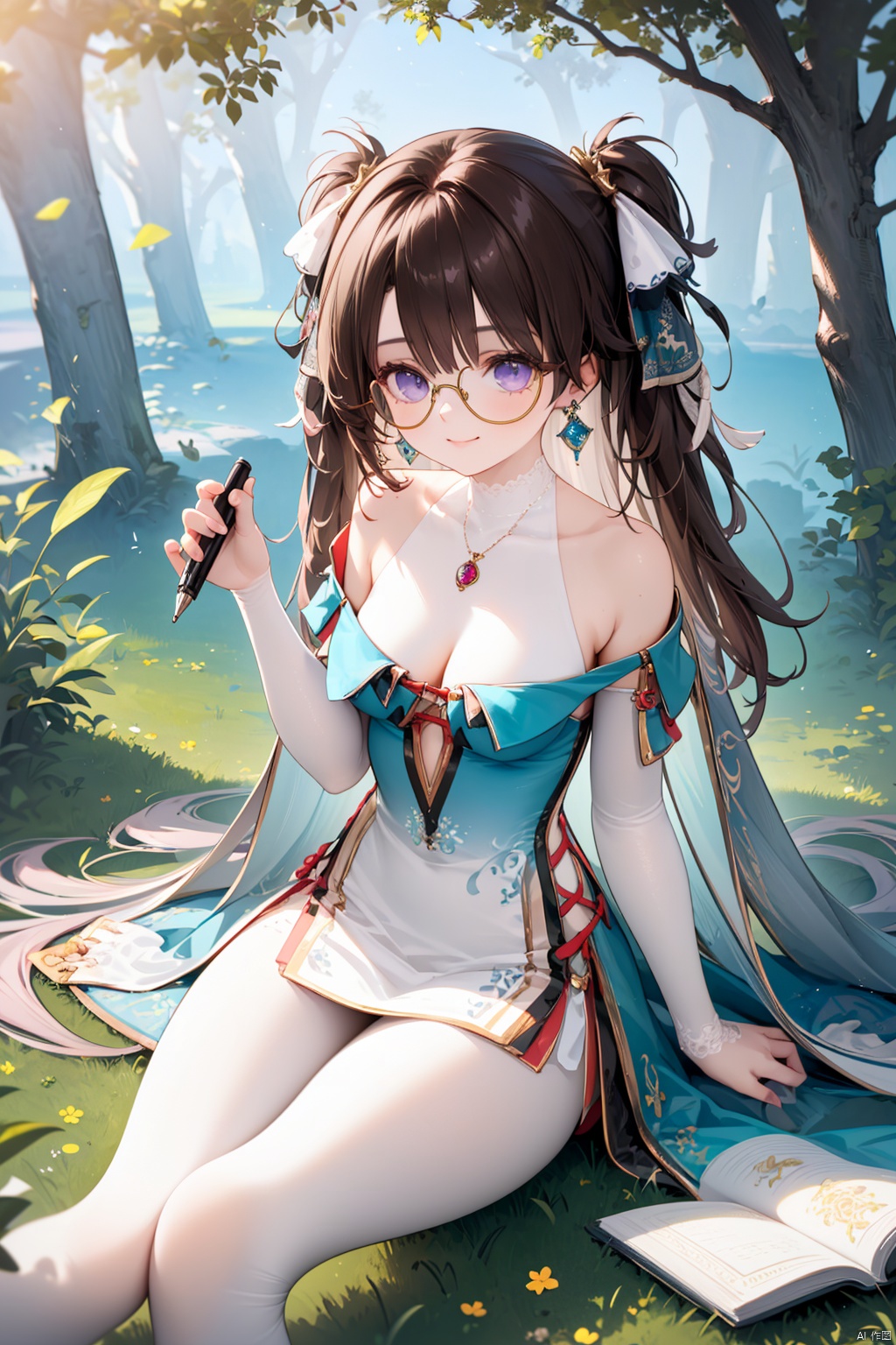 (score_9,score_8_up,score_7_up),1girl,(masterpiece:1.3),( beautiful:1.2),(high quality:1.2),(finely detailed:1.2),extremely detailed CG unity 8k wallpaper,best quality,a very delicate and beautiful,perfect fingers,(one cute girl at the center:1.2), 1girl, solo, long hair, breasts, looking at viewer, smile, bangs, blue eyes, brown hair, dress, ribbon, holding, cleavage, bare shoulders, jewelry, medium breasts, sitting, closed mouth, purple eyes, collarbone, full body, earrings, glasses, necklace, two side up, tree, book, clothing cutout, holding book, open book, round eyewear, pen,zhezhi,cowboy_shot
