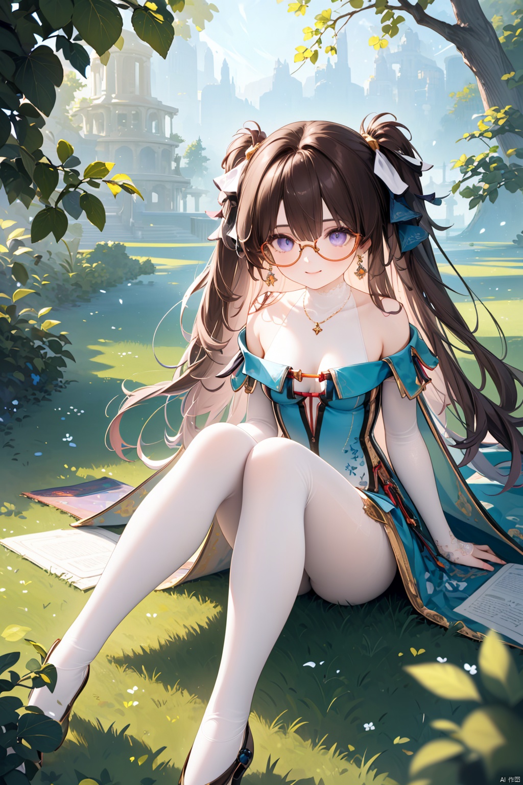 (score_9,score_8_up,score_7_up),1girl,(masterpiece:1.3),( beautiful:1.2),(high quality:1.2),(finely detailed:1.2),extremely detailed CG unity 8k wallpaper,best quality,a very delicate and beautiful,perfect fingers,(one cute girl at the center:1.2), 1girl, solo, long hair, breasts, looking at viewer, smile, bangs, blue eyes, brown hair, dress, ribbon, holding, cleavage, bare shoulders, jewelry, medium breasts, sitting, closed mouth, purple eyes, collarbone, full body, earrings, glasses, necklace, two side up, tree, book, clothing cutout, holding book, open book, round eyewear, pen,zhezhi