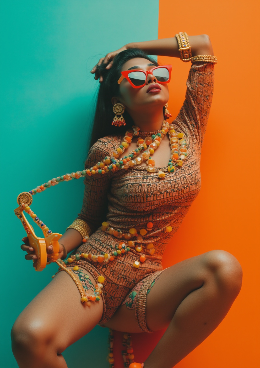 A stylish Mallu girl with a slim body,  sexy figure poses confidently in a modern,  non-traditional outfit adorned with tr...
