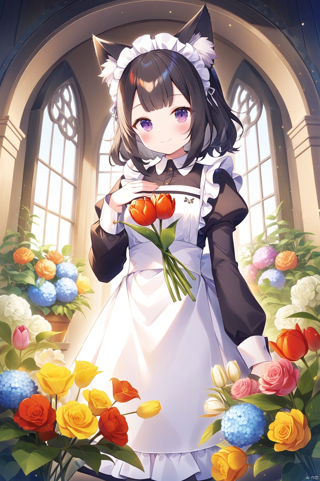 1girl, animal_ear_fluff, animal_ears, apron, bangs, black_flower, black_hair, blue_flower, blush, bouquet, cat_ears, closed_mouth, daisy, door, eyebrows_visible_through_hair, flower, flower_field, hand_on_own_chest, hand_up, holding_bouquet, holding_flower, hydrangea, indoors, juliet_sleeves, lily_\(flower\), long_sleeves, maid, maid_headdress, orange_flower, pink_flower, plant, potted_plant, puffy_sleeves, purple_eyes, purple_flower, red_flower, rose, round_window, shirt, smile, solo, standing, tulip, vase, white_apron, white_flower, white_rose, white_shirt, window, yellow_flower
