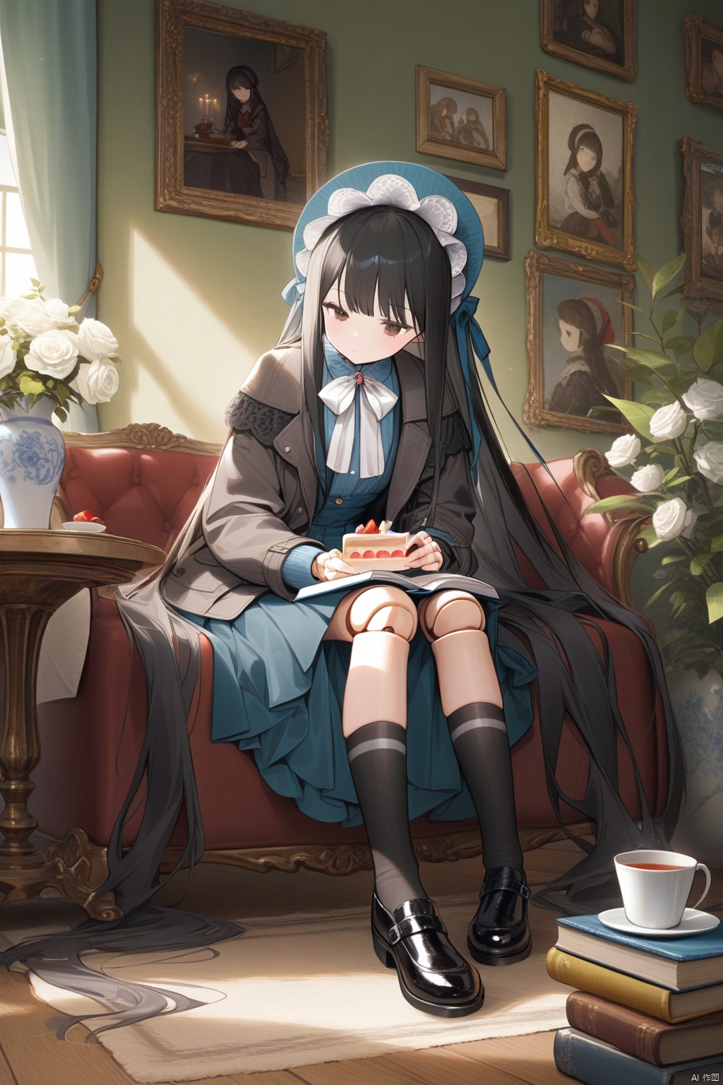 1girl, solo, best quality, detailed, sitting, black hair, very long hair, bangs, skirt, jacket, socks, shoes, vase, painting \(object\), bonnet, doll joints, rose, cake, white cat, cup, indoors, book, white flower, picture frame, plant

