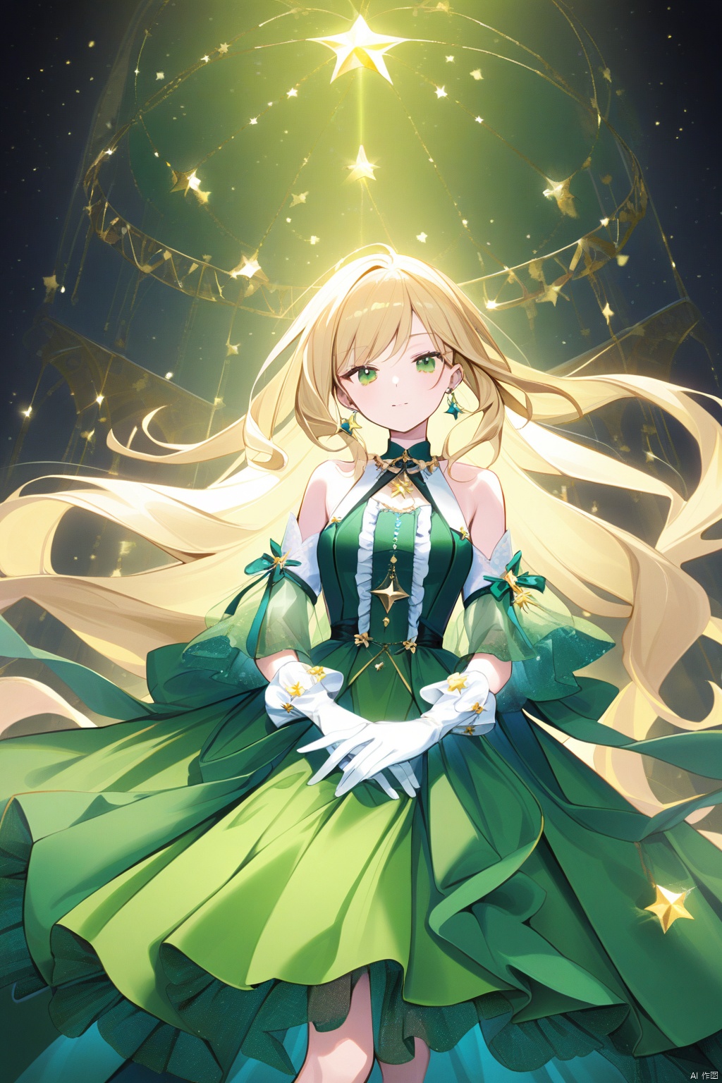 1girl, solo, gloves, long hair, green eyes, star \(symbol\), earrings, jewelry, blonde hair, dress, white gloves, looking at viewer, bare shoulders, detached sleeves, frills, green dress
