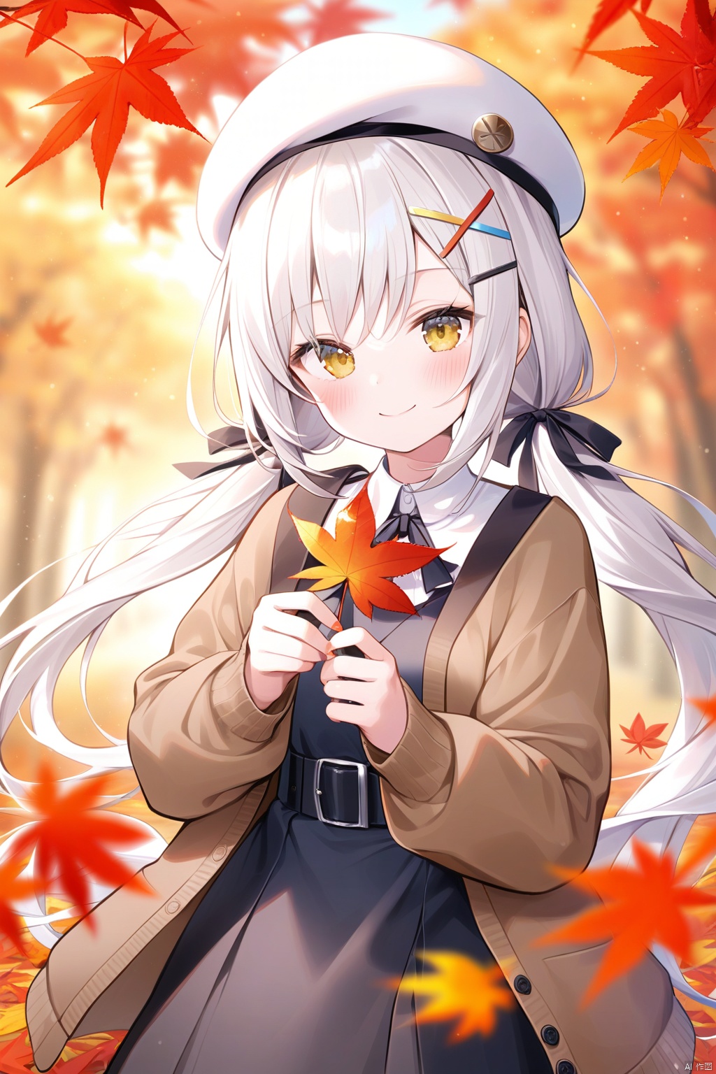 1girl, autumn leaves, solo, dress, maple leaf, hair ornament, long hair, leaf, black dress, hat, twintails, smile, holding, blurry, looking at viewer, x hair ornament, long sleeves, autumn, white headwear, yellow eyes, sleeveless dress, holding leaf, closed mouth, open clothes, pinafore dress, sleeveless, white hair, blurry foreground, beret, blush, depth of field, low twintails, belt, open cardigan, blurry background, cardigan, outdoors, sidelocks, standing

