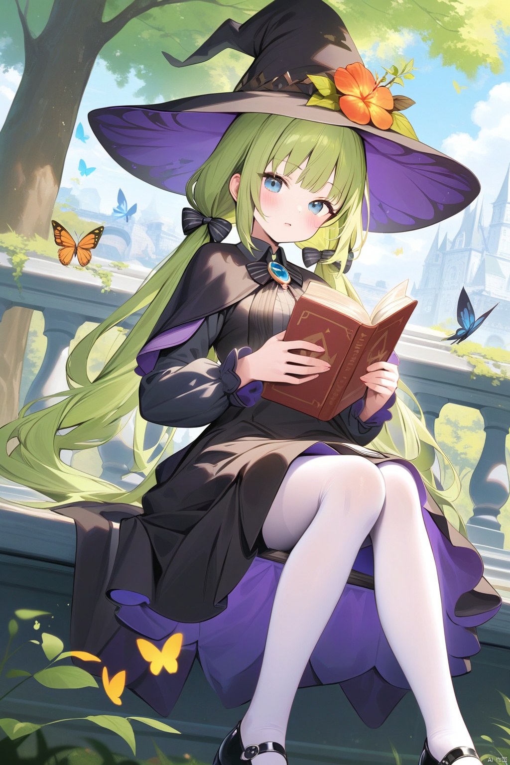 (masterpiece),(best quality),1girl, solo, hat, book, blue eyes, witch hat, bug, green hair, long hair, holding, dress, twintails, sitting, holding book, bangs, outdoors, looking at viewer, butterfly, long sleeves, brooch, flower, white pantyhose, blush, pantyhose, collared dress, black headwear, open book, black footwear, shoes, railing, black dress, parted lips, hat flower, witch, bow, day, tree, hair ornament
