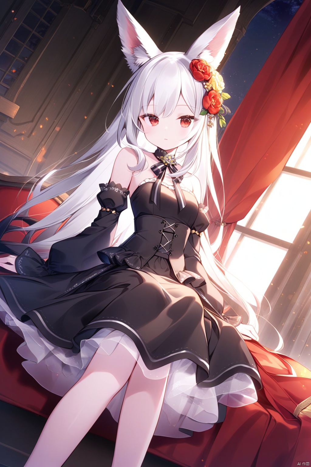 1girl, solo, long_hair, hair_ornament, dutch_angle, white_hair, animal_ears, sitting, long_sleeves, red_eyes, flower, hair_flower, window, watermark, black_hair, dress, detached_sleeves, curtains, feet_out_of_frame, multicolored_hair
