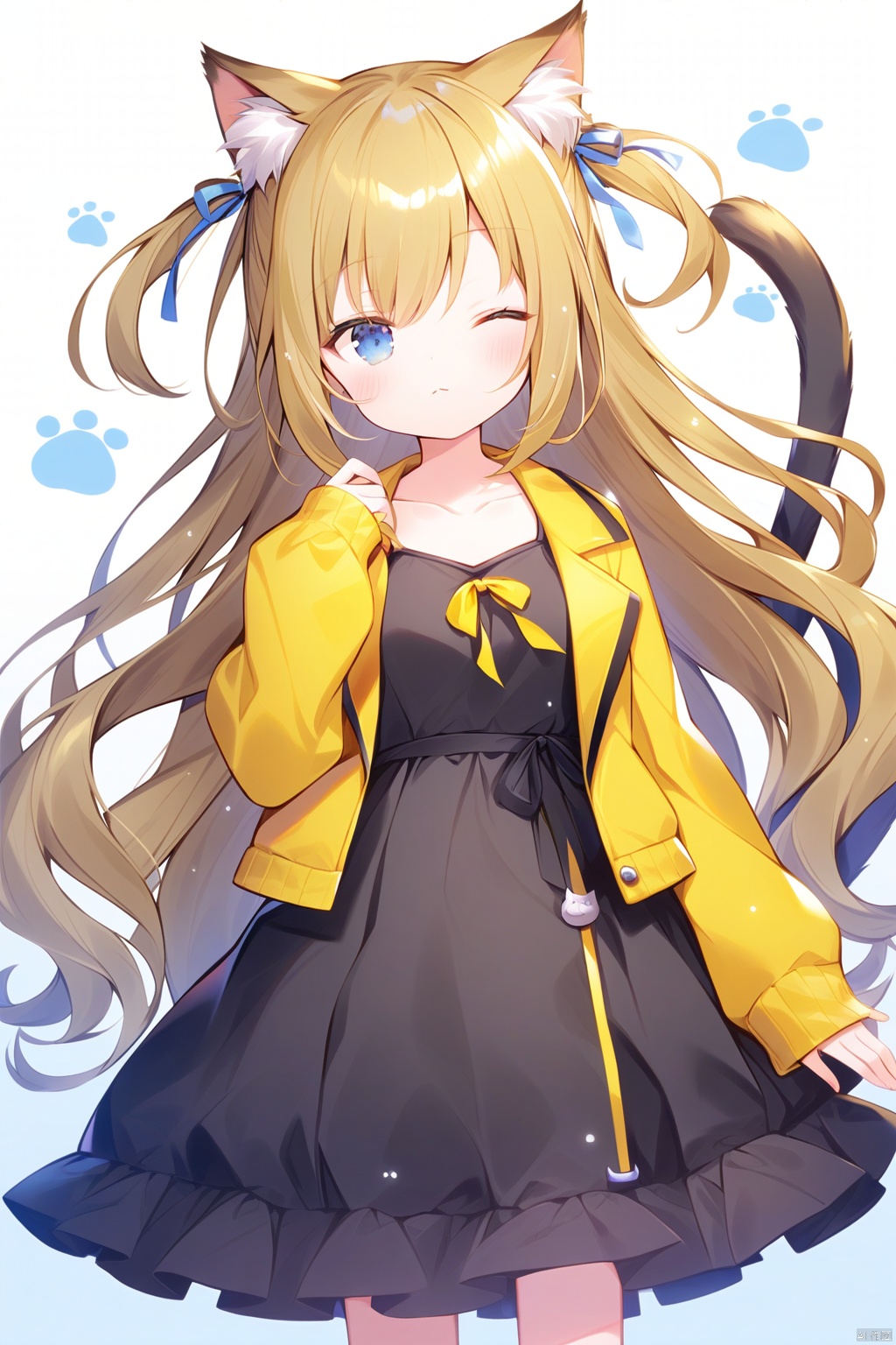 solo, 1girl, animal_ears, long_hair, blue_eyes, dress, open_clothes, one_eye_closed, black_dress, jacket, tail, long_sleeves, two-tone_background, open_jacket, closed_mouth, cat_ears, white_background, looking_at_viewer, yellow_jacket, sleeves_past_wrists, animal_ear_fluff, cat_tail, collarbone
