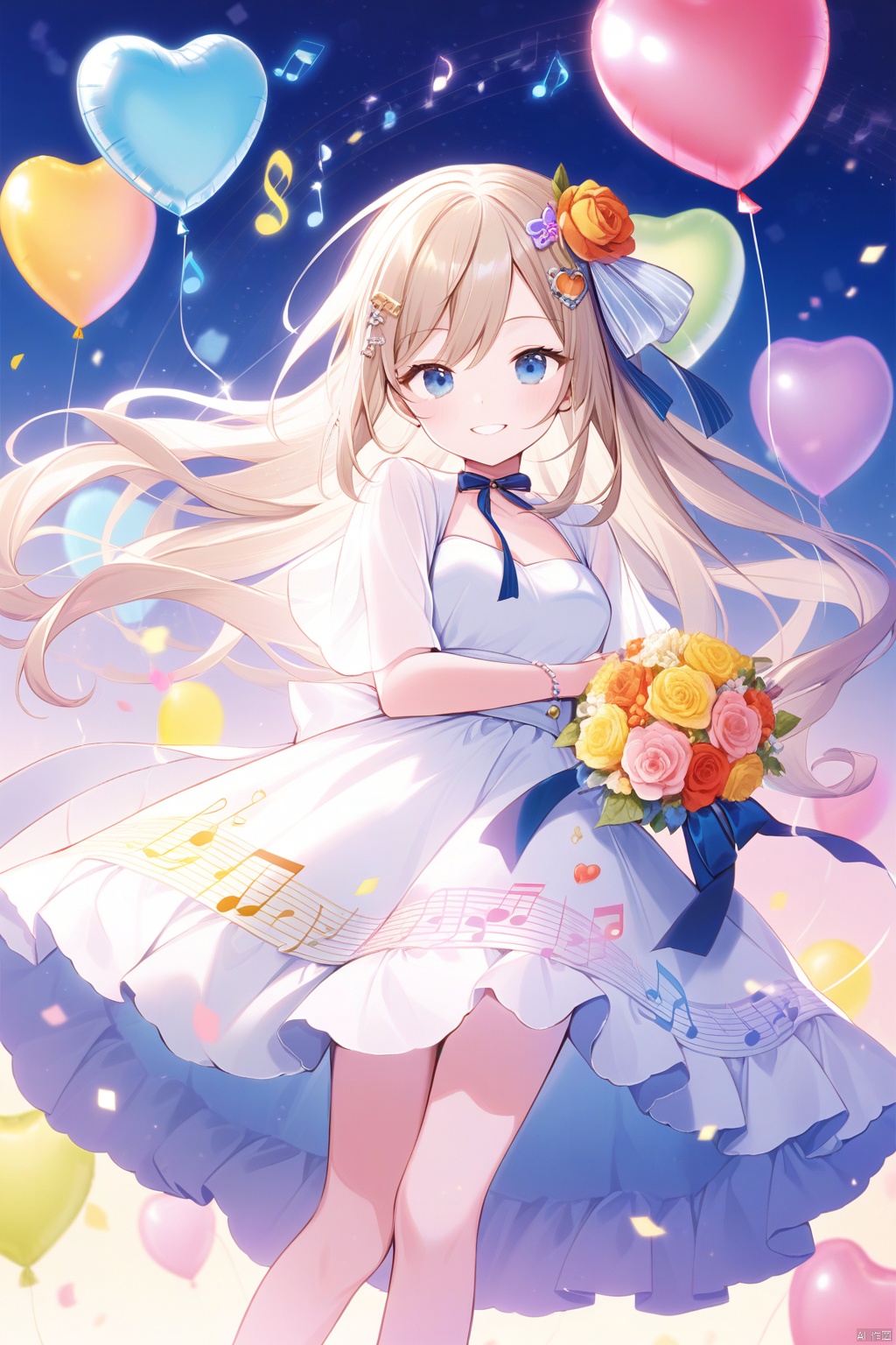 1girl, solo, musical_note, dress, blue_eyes, flower, white_dress, smile, balloon, heart_balloon, long_hair, hair_ornament, looking_at_viewer, bouquet
