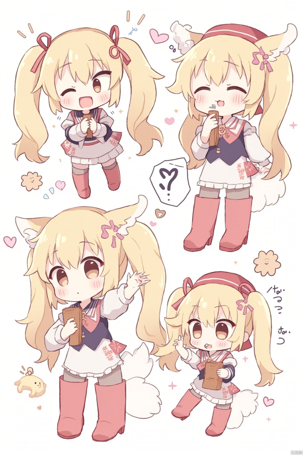 1girl, long hair, looking at viewer, blush, smile, open mouth, bangs, blonde hair, simple background, brown hair, shirt, long sleeves, hat, holding, animal ears, twintails, brown eyes, very long hair, closed eyes, heart, pantyhose, boots, one eye closed, food, shorts, fang, puffy sleeves, chibi, :o, animal ear fluff, multiple views, ^ ^, thick eyebrows, ;d, holding food, ?, red footwear, red headwear, puffy long sleeves, white shorts, short eyebrows, food on face, spoken question mark, white outline, puffy shorts,Skeb