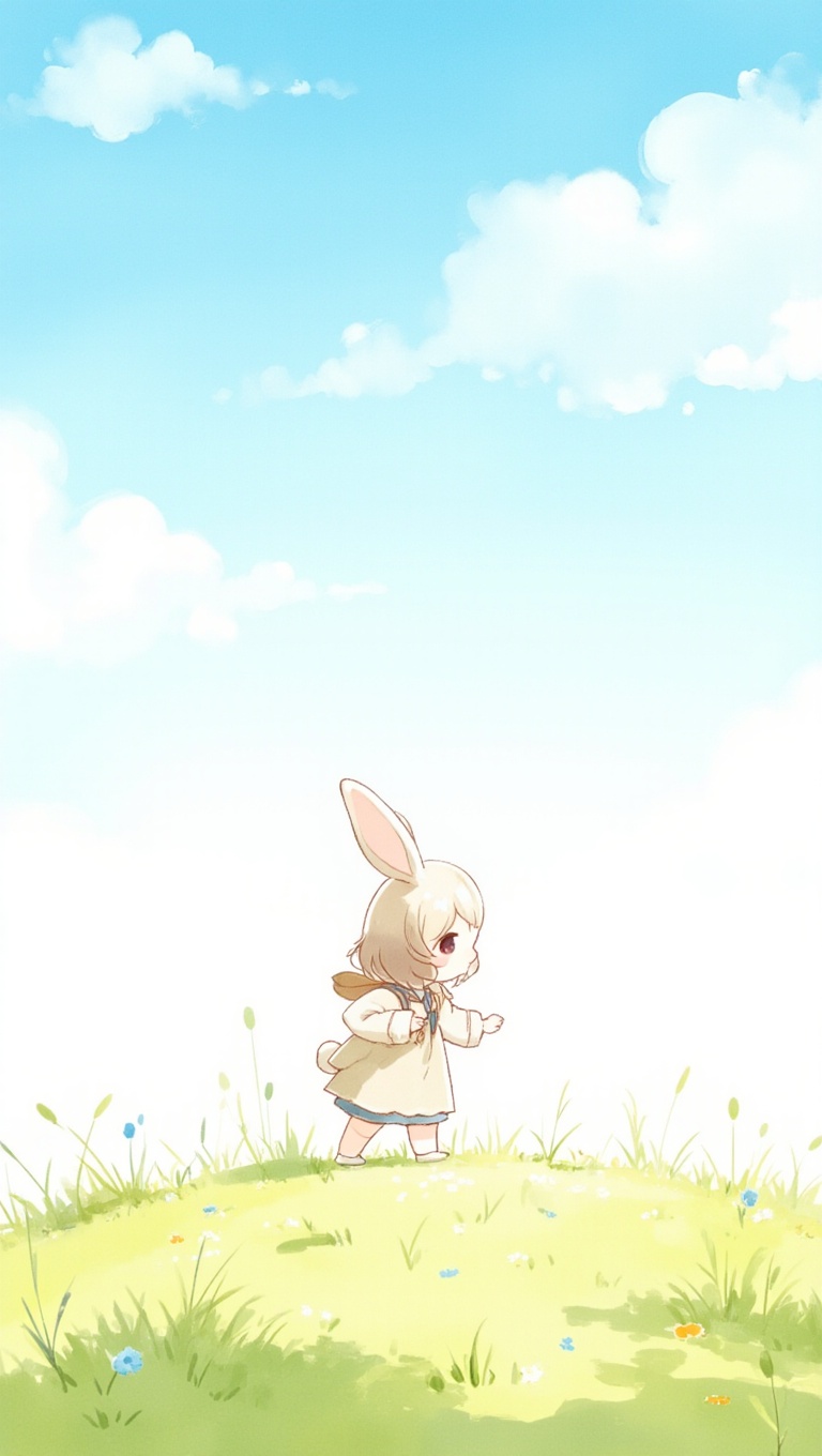 watercolor,  bunny toddler girl in kindergarten lightblue smock walking fields,  background blue sky on Tensor.Art