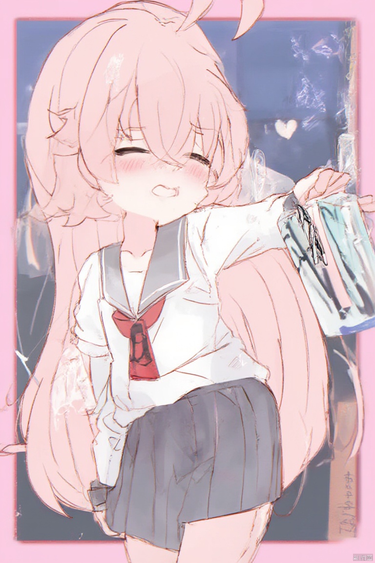 1girl, 

hoshino,hoshino (blue archive), blue archive, 

pleated skirt, star (symbol), white shirt, hand up, serafuku, standing, :d, chibi, skirt, hair between eyes, ahoge, box, ponytail, border, shirt, collared shirt, gift box, very long hair, long hair, long sleeves, closed eyes, sailor collar, pink hair, gift, smile, grey sailor collar, bow, facing viewer, pink border, tears, ^_^, blush, happy tears, school uniform, red bow, solo, black skirt,

masterpiece, newest, absurdres, safe