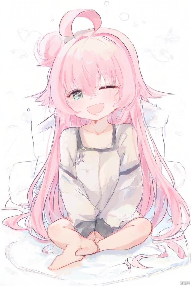 1girl, 

hoshino,hoshino (blue archive), blue archive, 

transparent background, blush, pink hair, sitting, solo, one eye closed, very long hair, sleeves past wrists, smile, pillow, long hair, bare legs, open mouth, looking at viewer, pajamas, hair between eyes, ahoge, fang,

masterpiece, newest, absurdres, safe