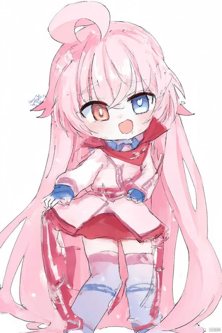 1girl, 

hoshino,hoshino (blue archive), blue archive, 

white background, blue gloves, chibi, looking at viewer, blue eyes, skirt, long hair, open mouth, heterochromia, logo, orange eyes, light, pink hair, smile, red skirt, gloves, simple background, full body, solo,

masterpiece, newest, absurdres, safe