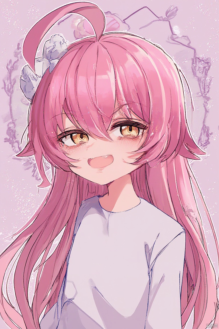 1girl, 

hoshino (blue archive), blue archive, 

white shirt, skin fang, :d, polka dot background, looking at viewer, polka dot, ahoge, fang, upper body, pink background, shirt, long hair, open mouth, long sleeves, yellow eyes, pink hair, smile, solo focus, out of frame,

masterpiece, newest, absurdres, safe