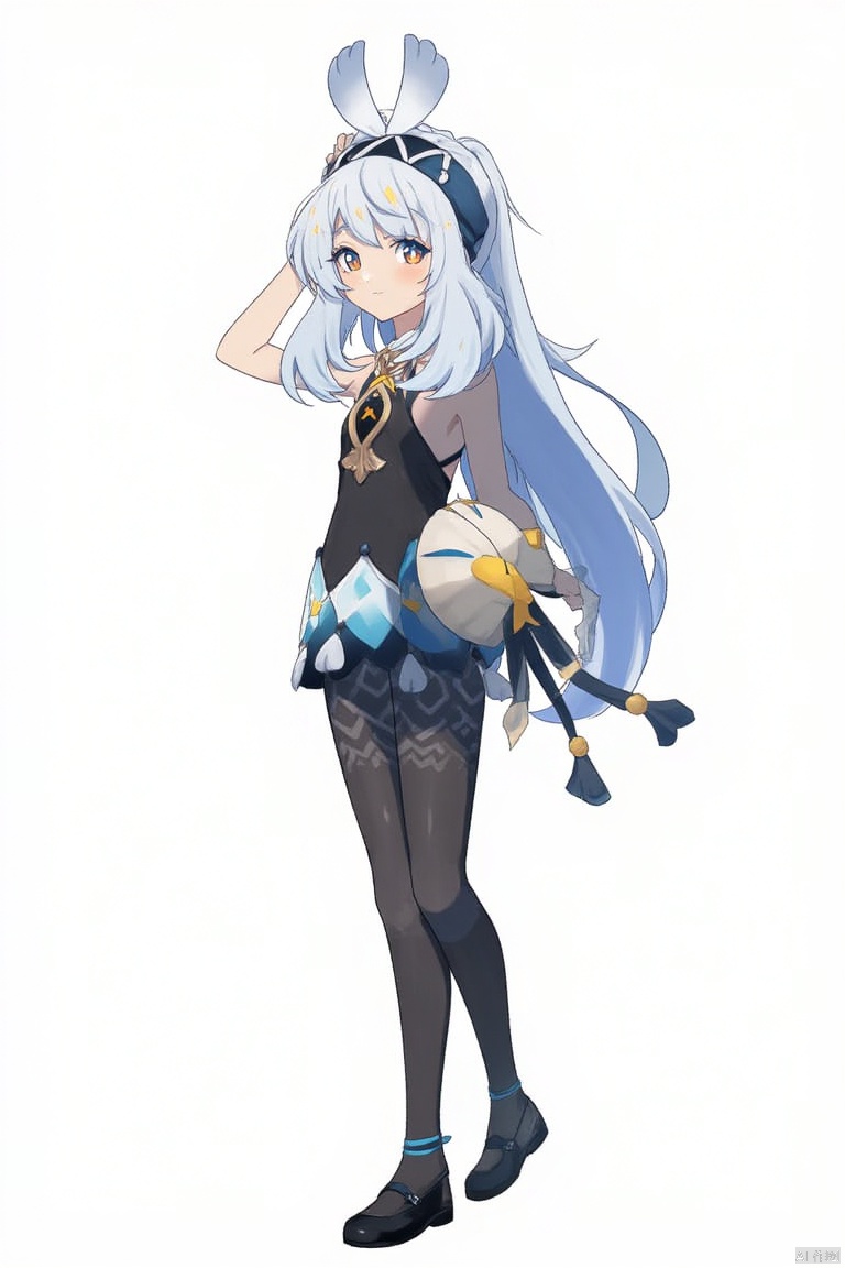 1girl, 

mualani,mualani (genshin impact), genshin impact, 

transparent background, looking ahead, jitome, pantyhose, hair tubes, grey hair, grey eyes, black footwear, longcat (meme), dress, black dress, long hair, solo, holding, hat, black pantyhose, meme, ahoge,

masterpiece, newest, absurdres, safe